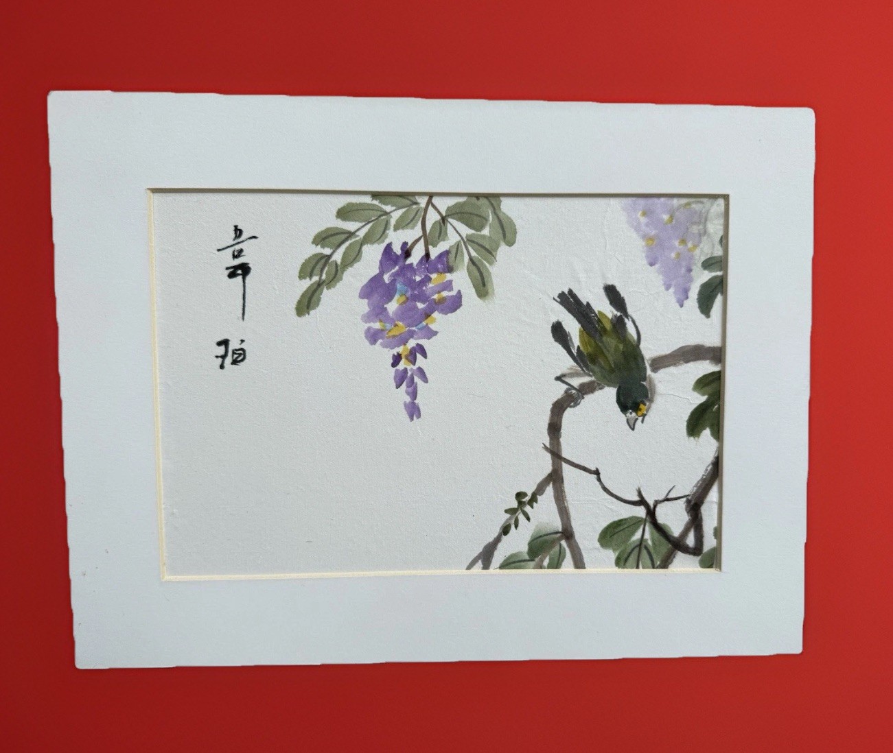 Original Sumi Ink Watercolor Painting Bird On Wisteria Branch Artist Seal Signed