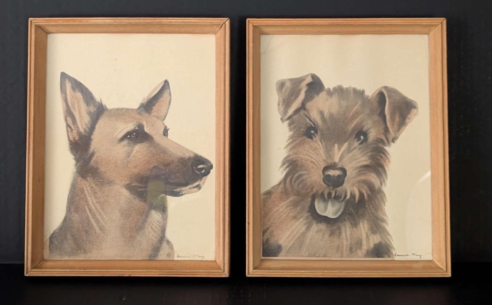 Vintage Set of Two Animal Portraits Alsatian & Irish Terrier Artist Signed