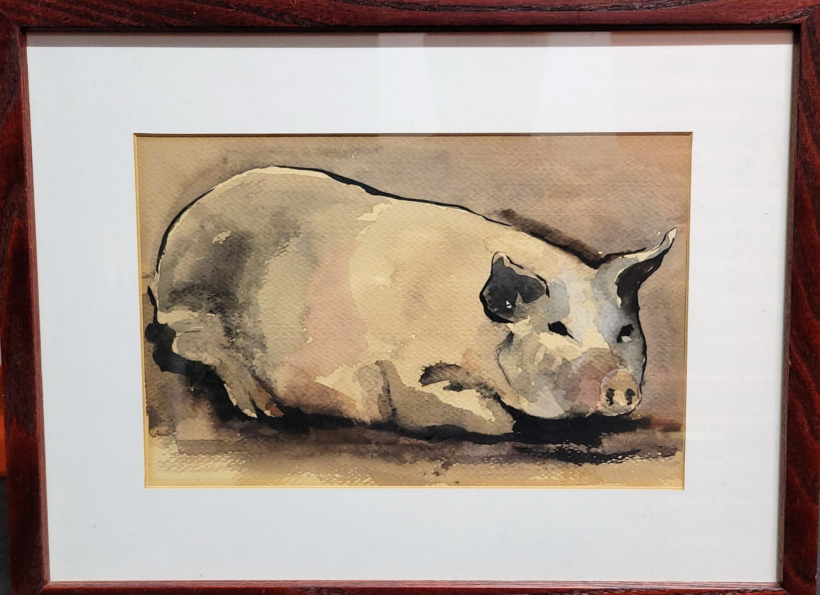 Vintage Watercolor Painting Of Pig Hog SIGNED Framed