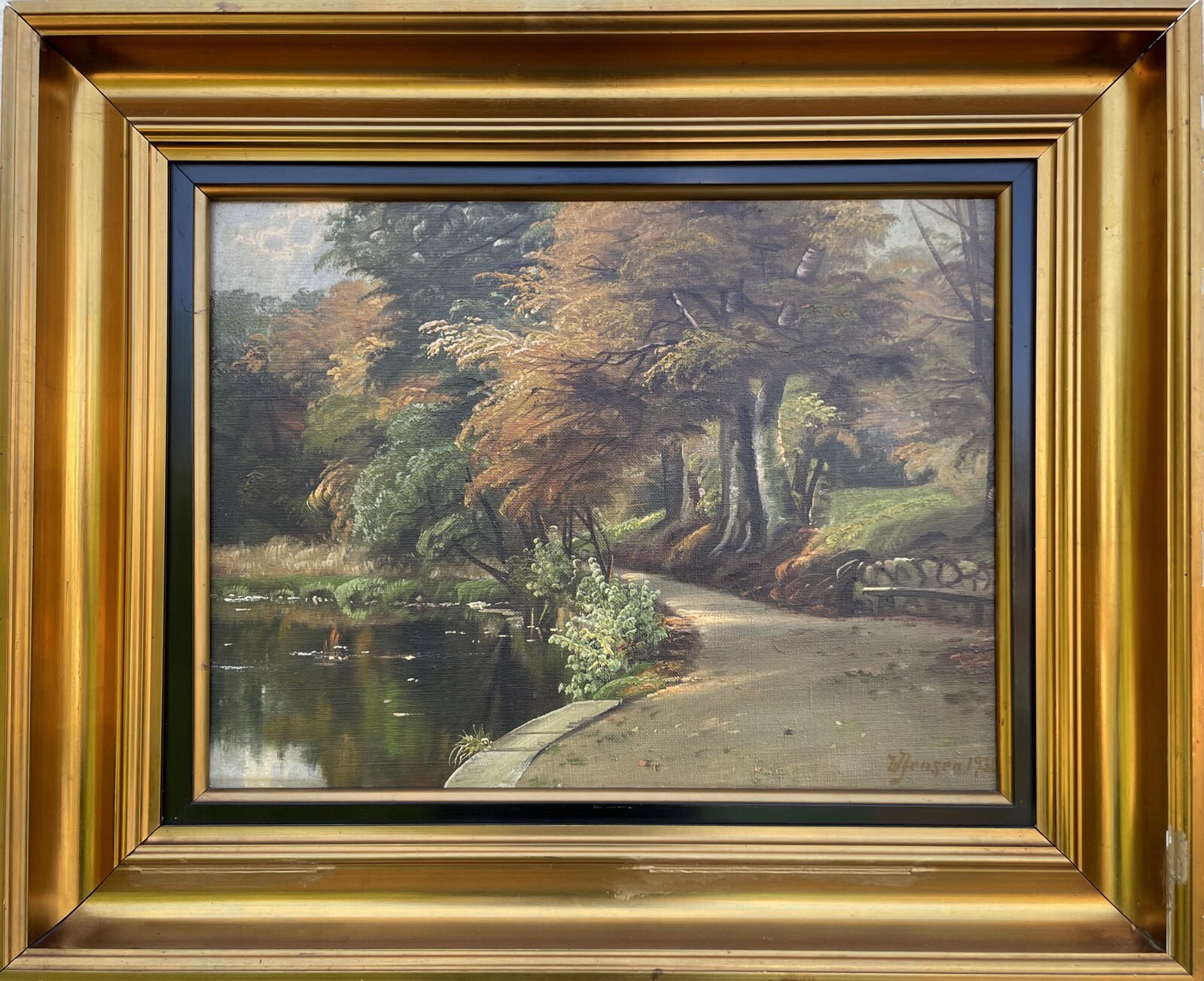 Impressionist Autumn Park Landscape Deciduous Trees Lake Bank Oil Painting 1936