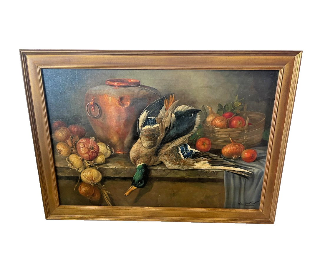 Vintage Framed Hunting Mallard Ducks Oil on Canvas Painting Signed 41x29in-MINT