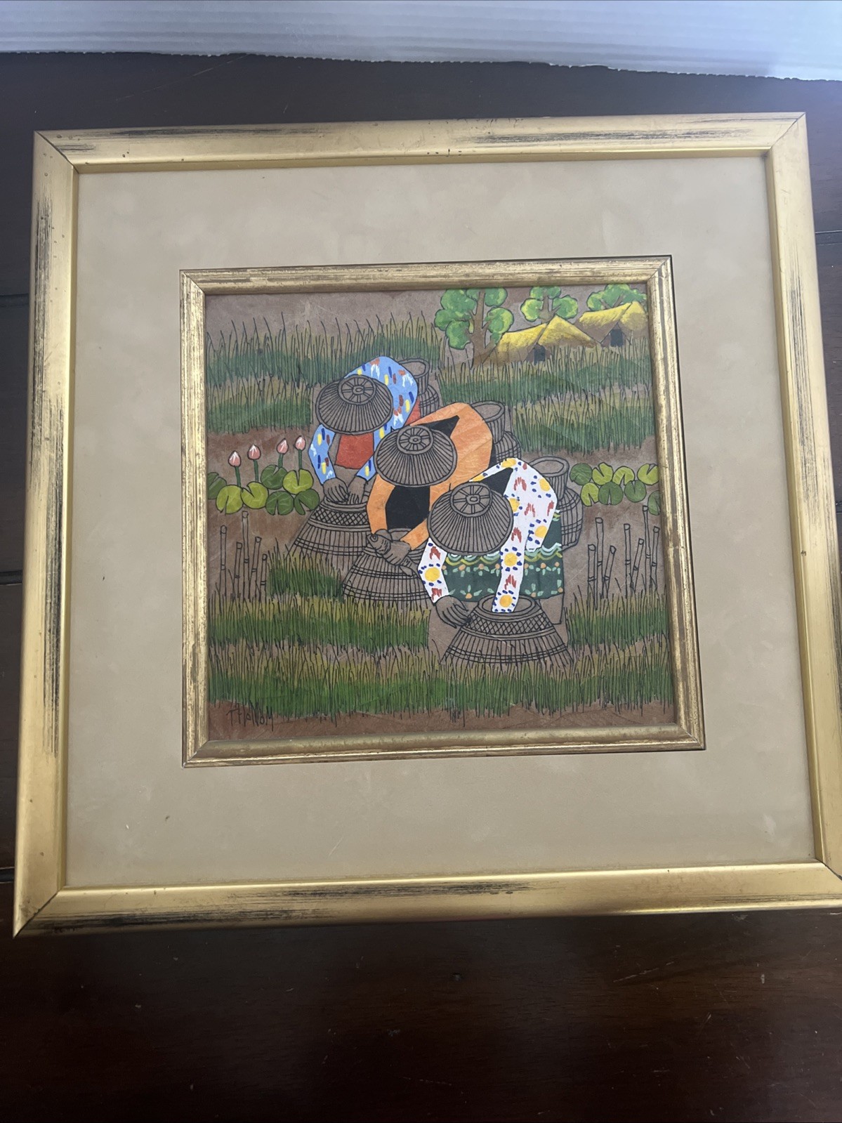 Asian Thai Expressionist Leaf painting-Artist Thanom-Vintage-MCM