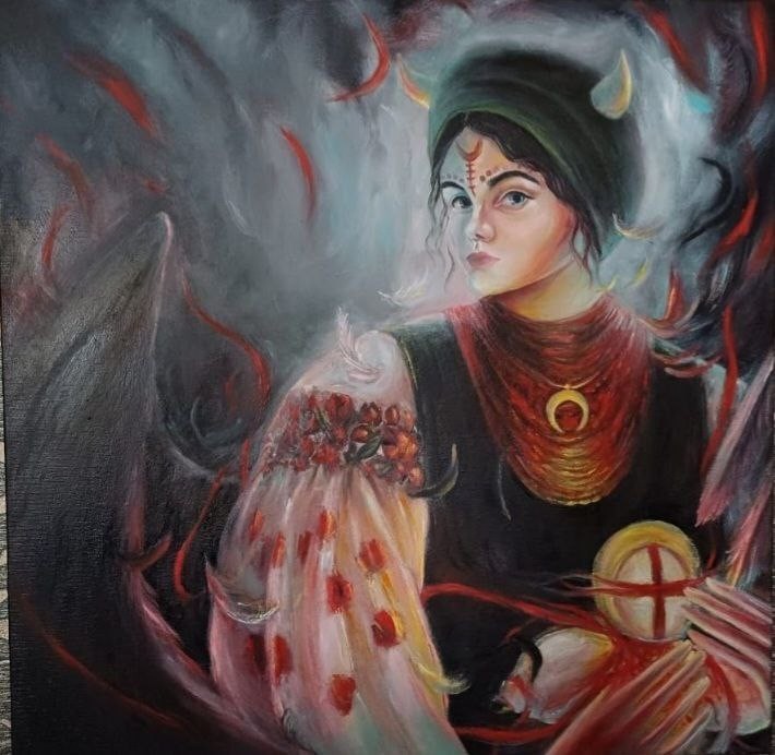 art 654 original painting 60×60 cm oil on canvas JS Witch woman figurative