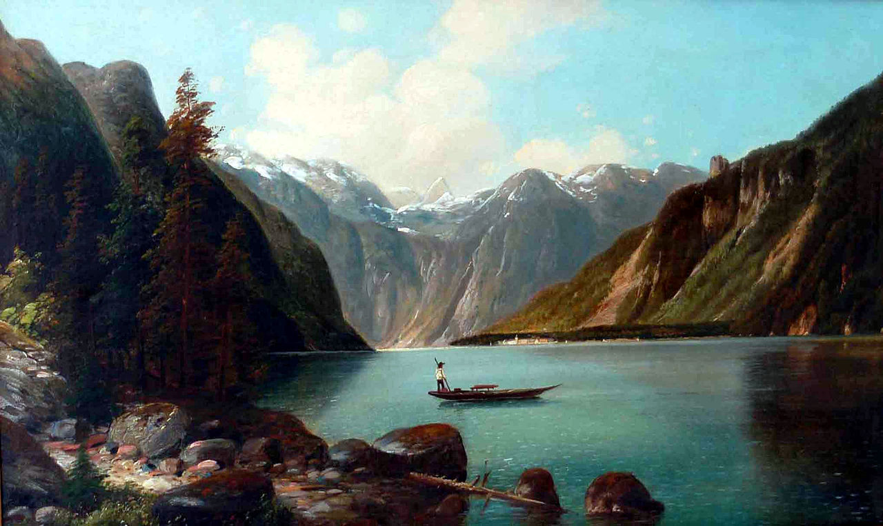 Oil painting Arnold Forstmann Königssee landscape & figures boating on lake