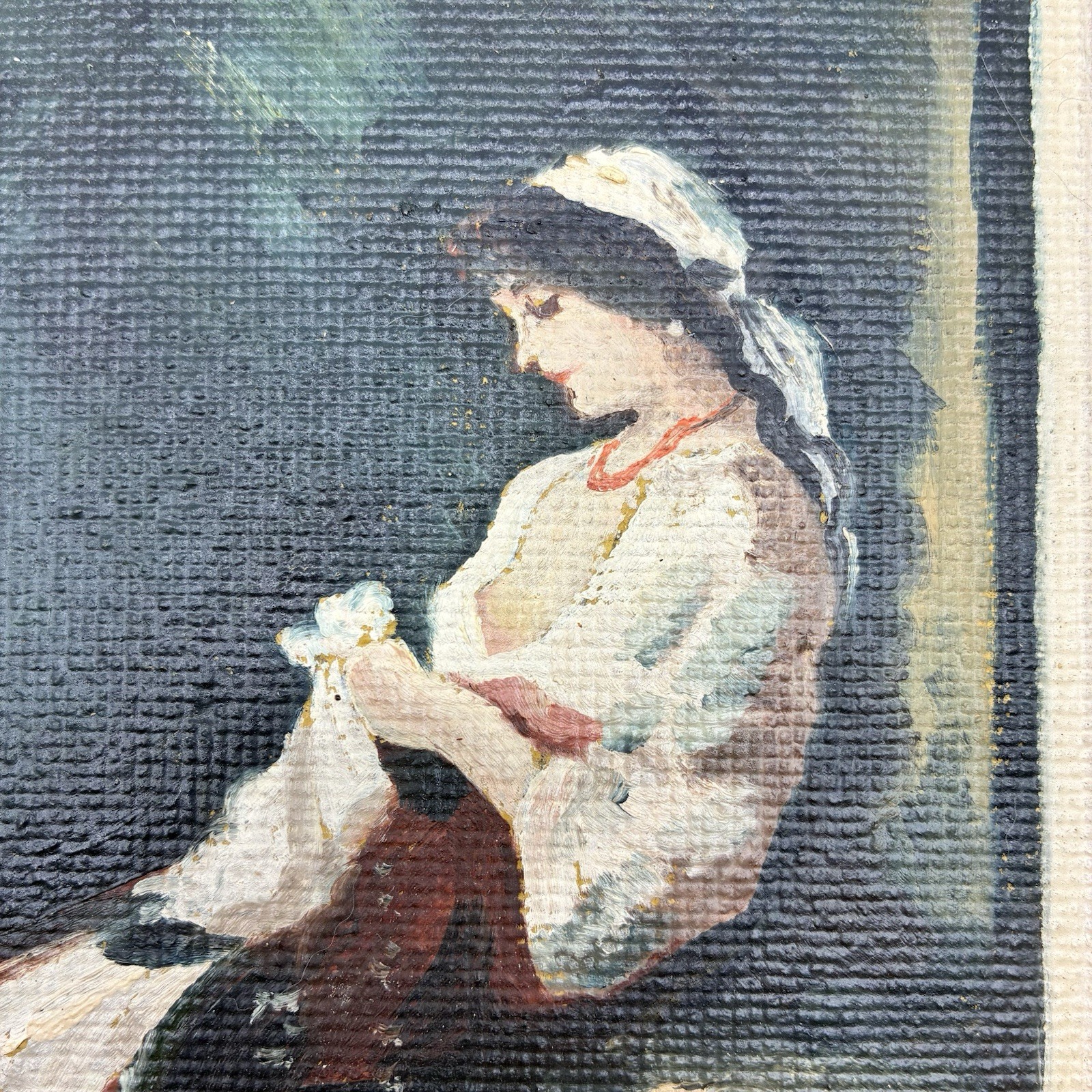 Vintage Hand Painted Oil Painting Woman Sewing Genre Scene Carved Wood Frame