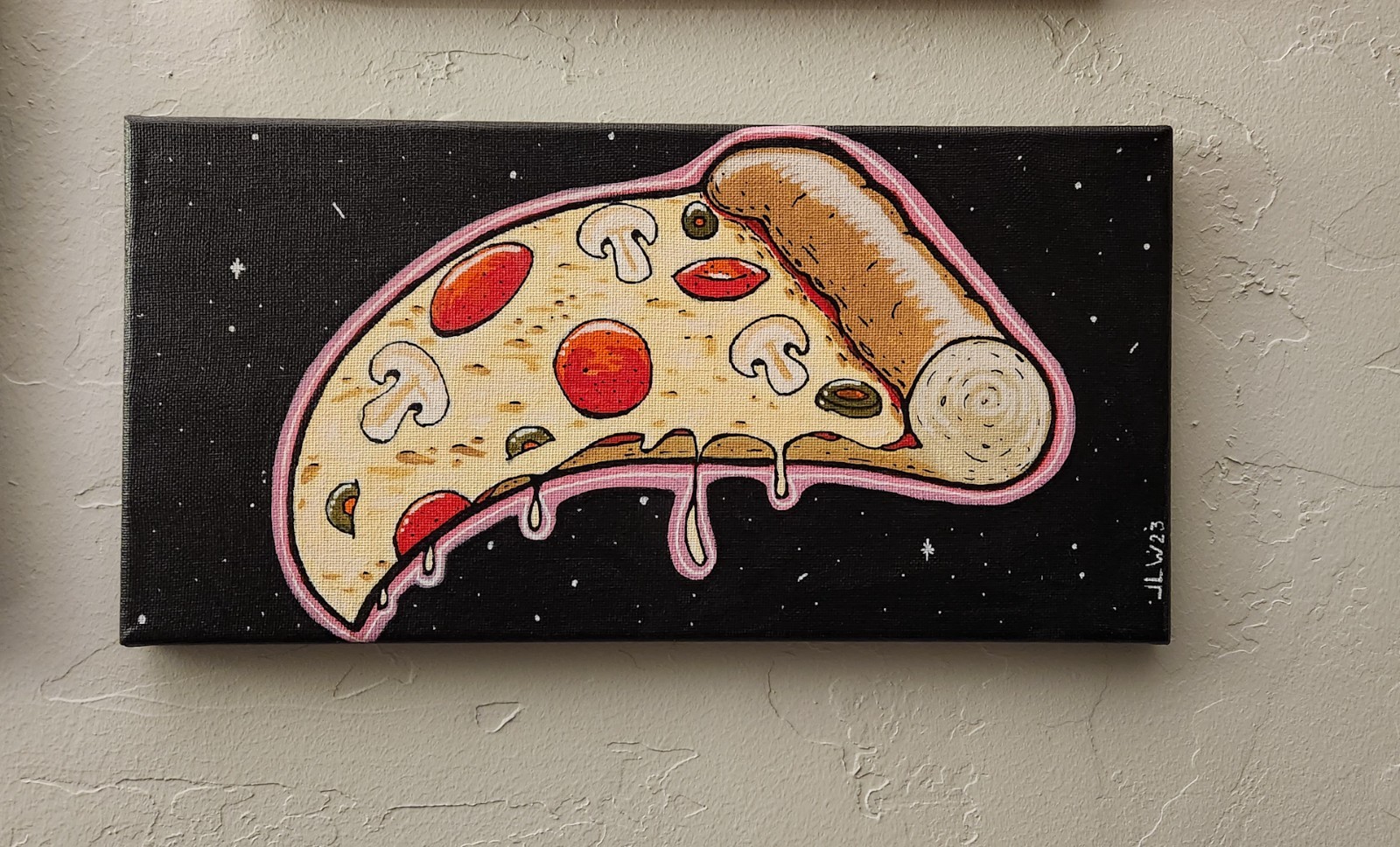 original painting signed Canvas 14×7 Pizza 80’s Neon Retro Cartoon
