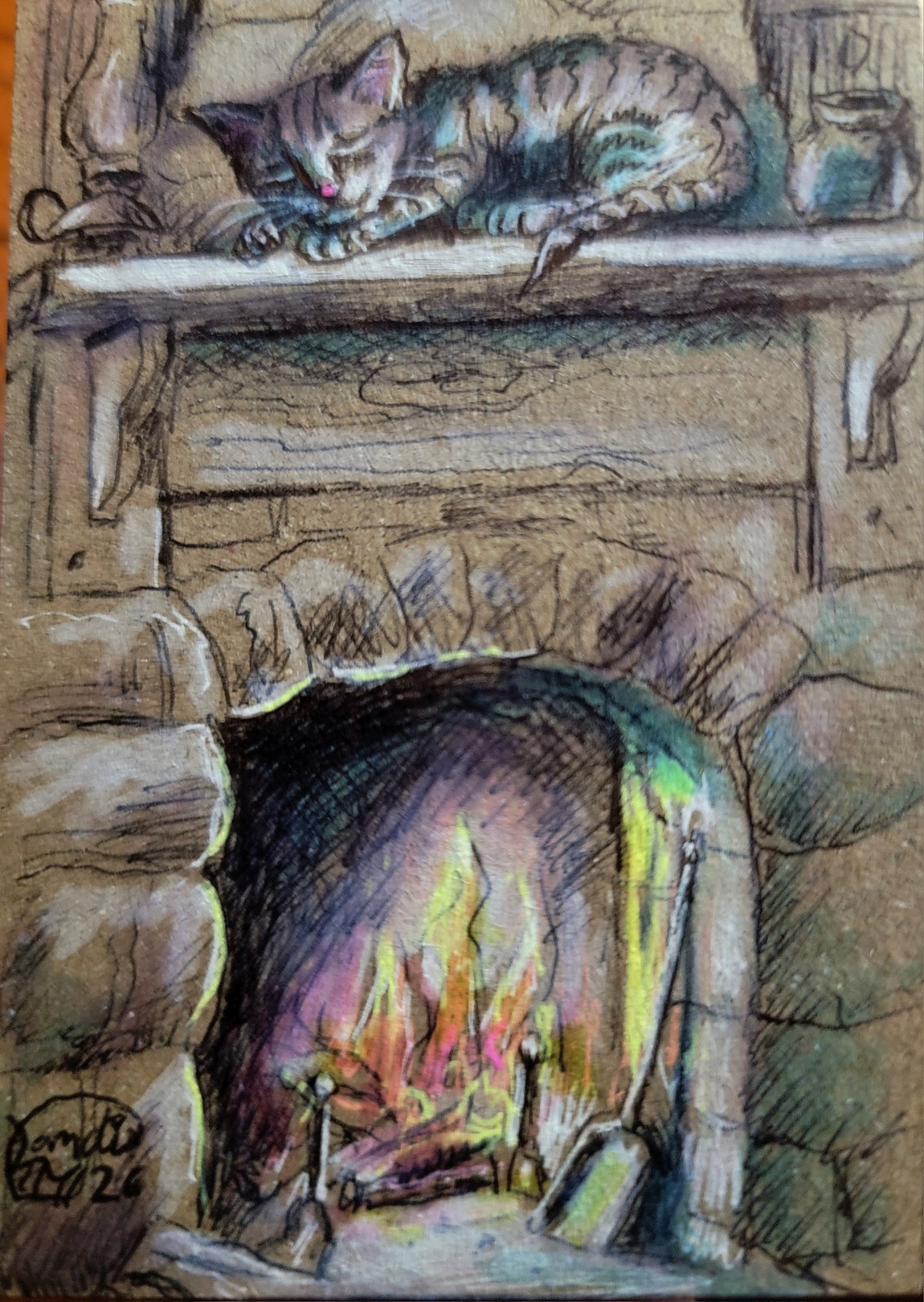 Jacob Landis HANDMADE ORIGINAL Whimsy ACEO Tabby Kitten Sleeps «above The Fire»