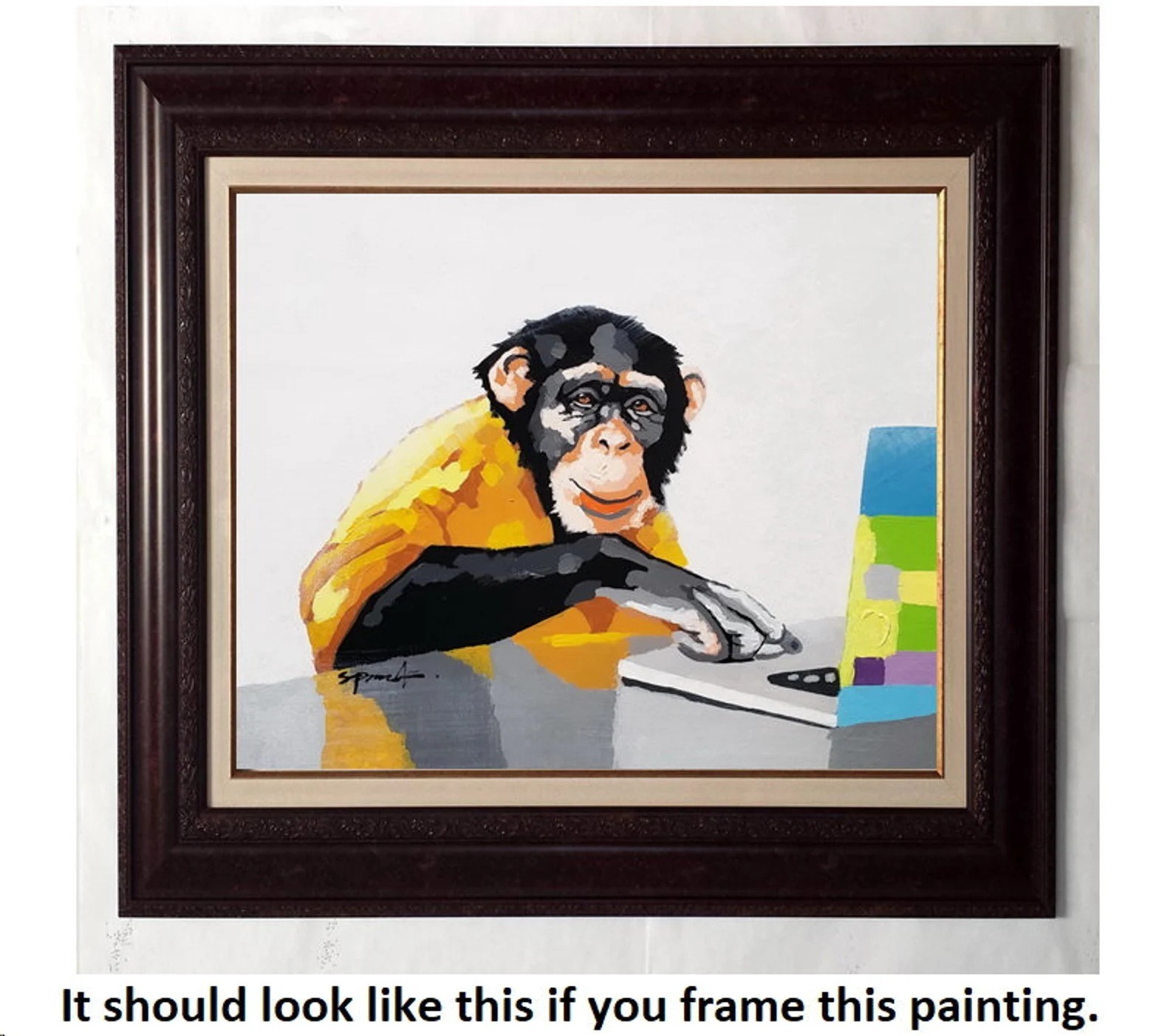 Monkey with Laptop #2, 20×24, Hand painted on Giclee Canvas,