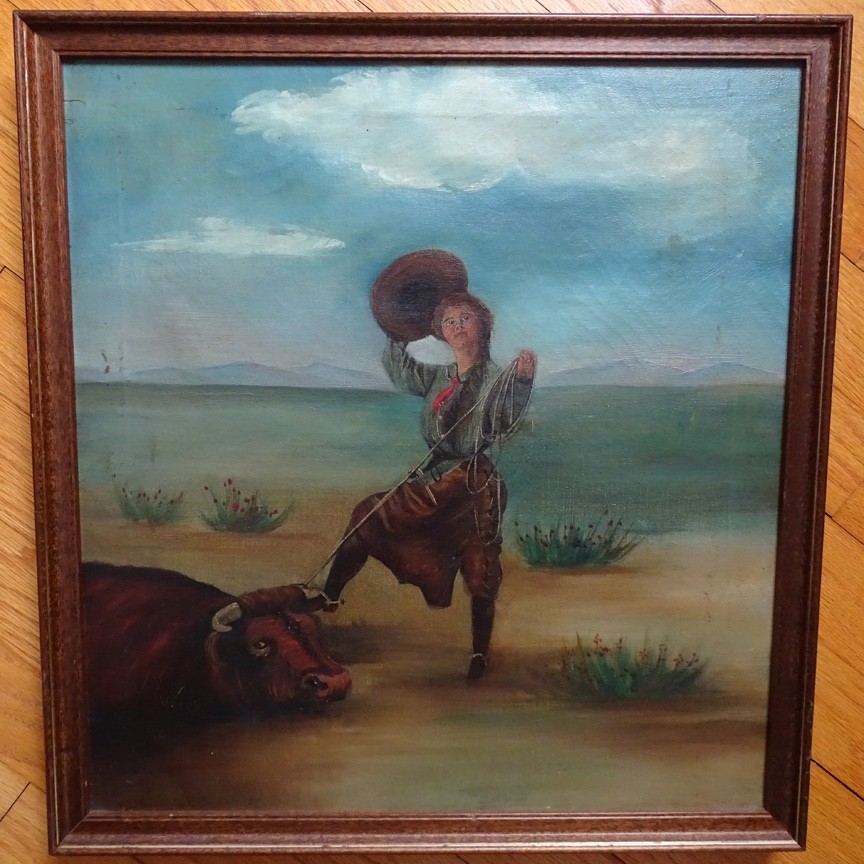 Antique Original Oil Painting on Canvas COWGIRL Roping A Bull Framed 17×16 in