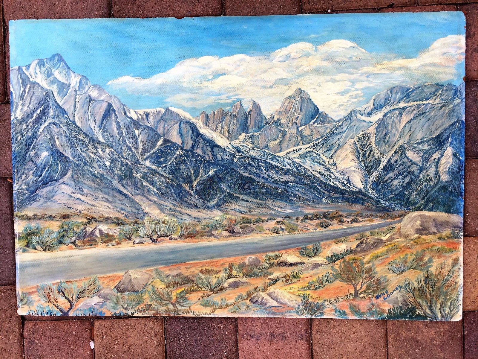 CALIFORNIAN ORIGINAL H/PAINTED ON BOARD LANDSCAPE MOUNTS PAINTING BY JONE LOONEY