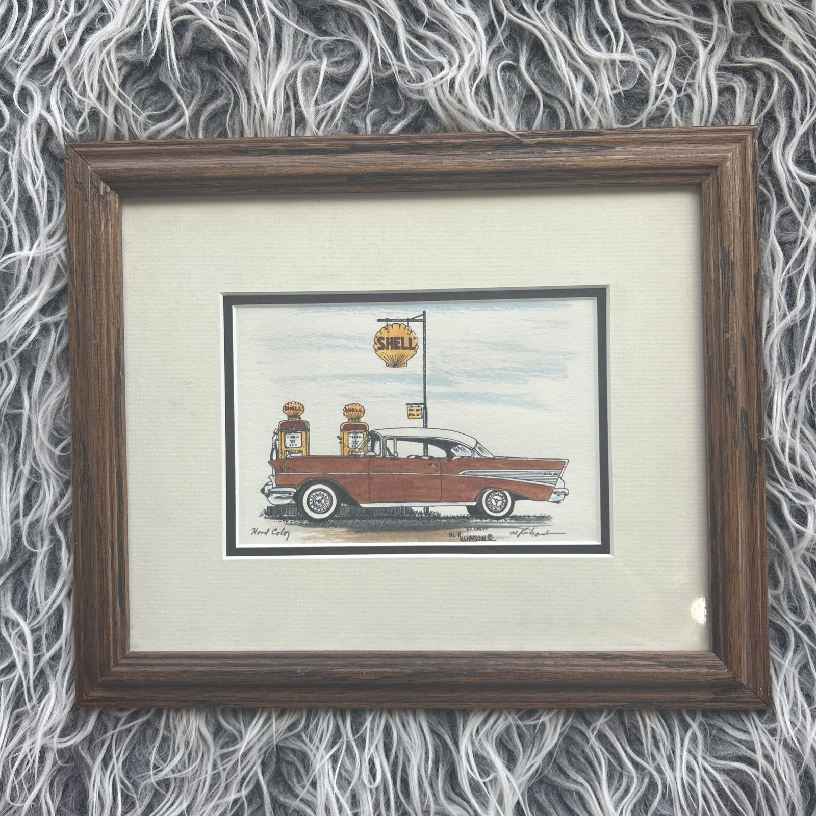 Al Richardson Hand Colored Watercolor Framed Painting Shell 57” Chevy