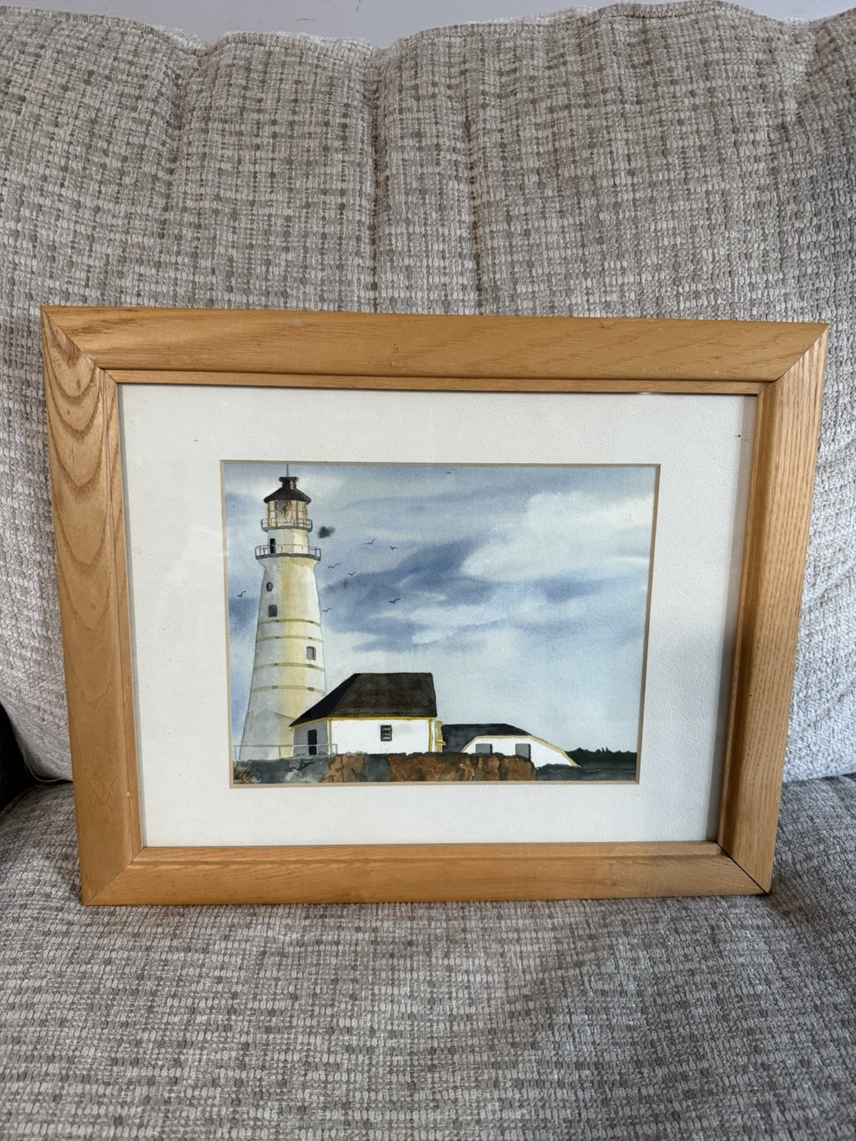 Medium Vintage Lighthouse Picture In Light Wood Frame 14”T X 17”W