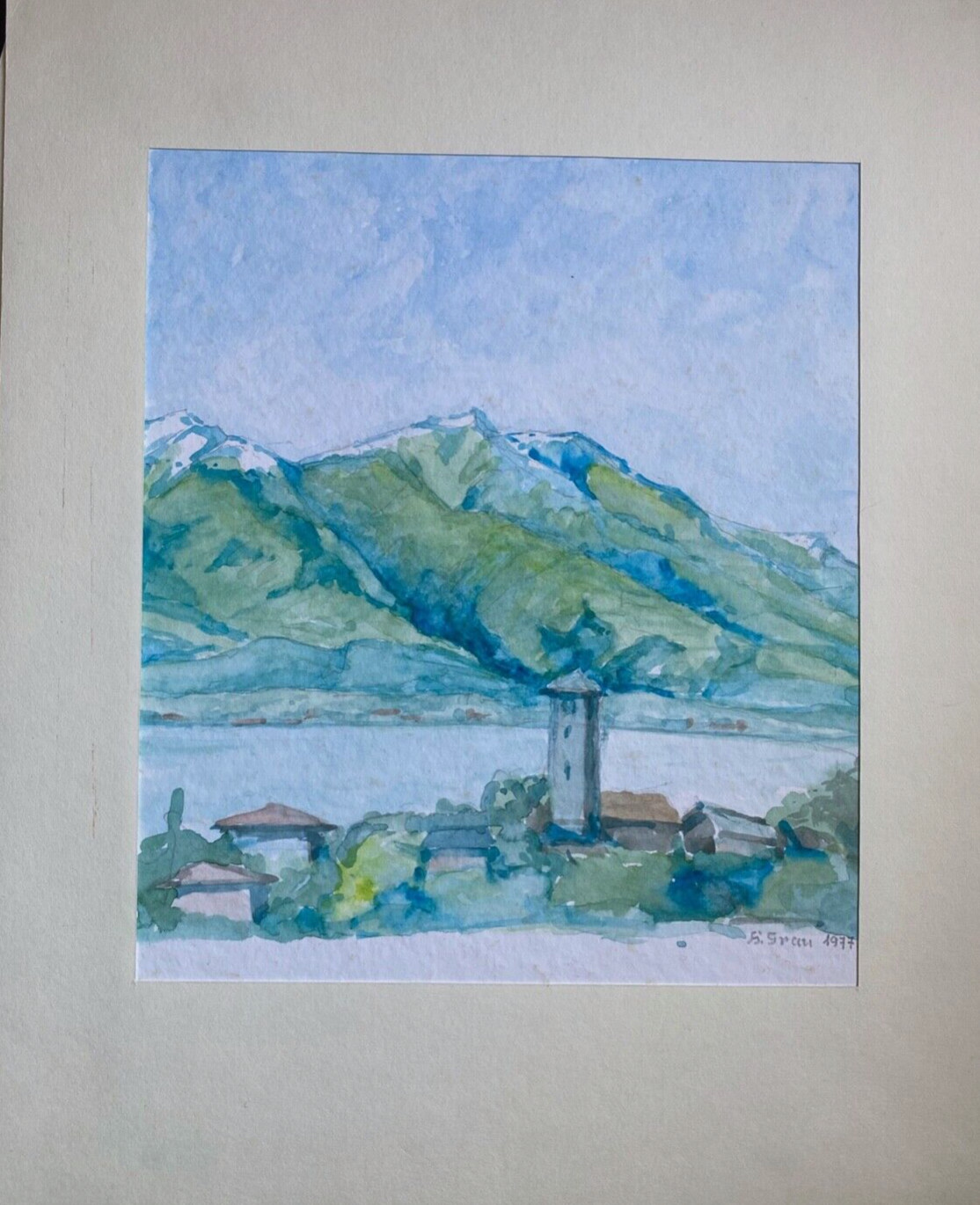 Watercolor SIGN. H.GRAU 1977 View of Mountain Village on Island with Church