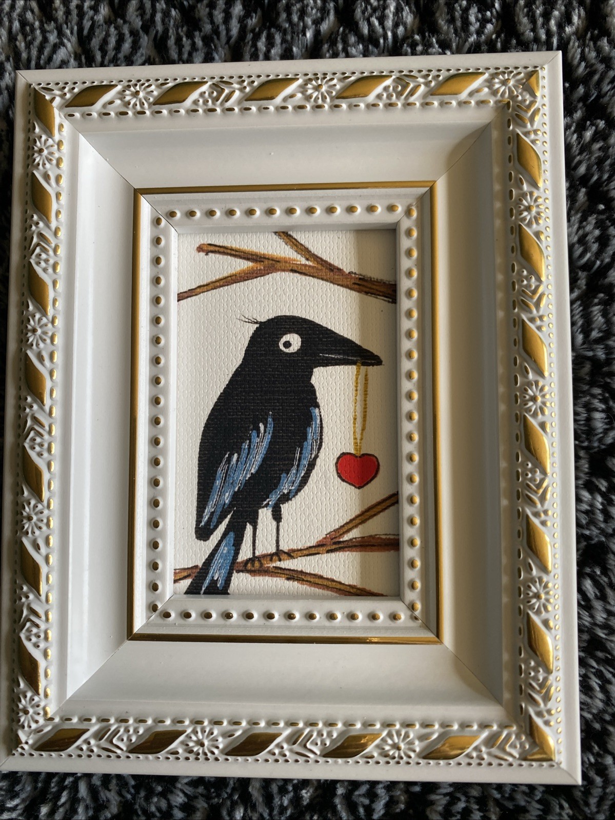 Print Whimsical Magpie Love Heart Valentine Day Painting framed,gold,miniature