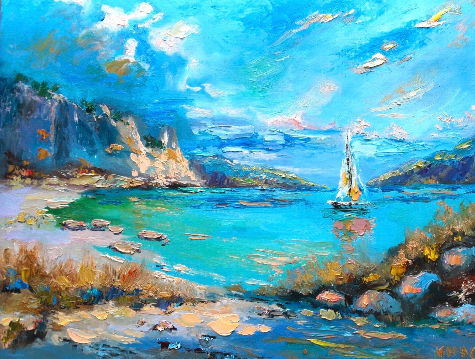Coastal Seascape Original Oil Landscape Painting Nautical Sailboat Signed Art
