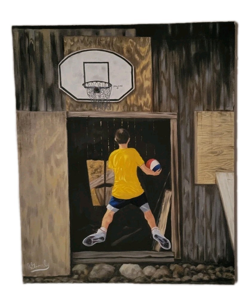 Original Sports Painting Boy With Basketball Hoop Signed By Artist