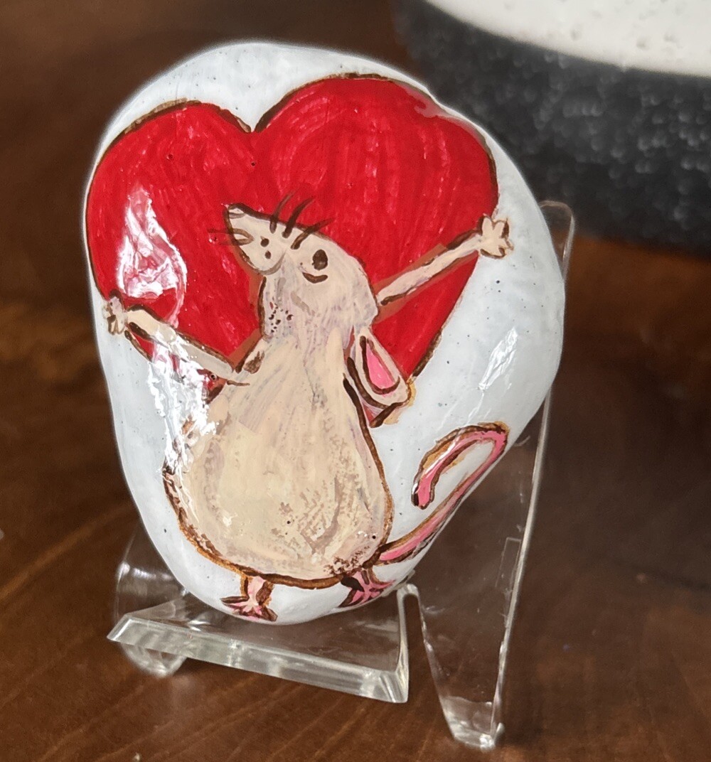 Little Mouse Carrying Big Heart! Hand Painted Rock Garden Decor Art Collectible