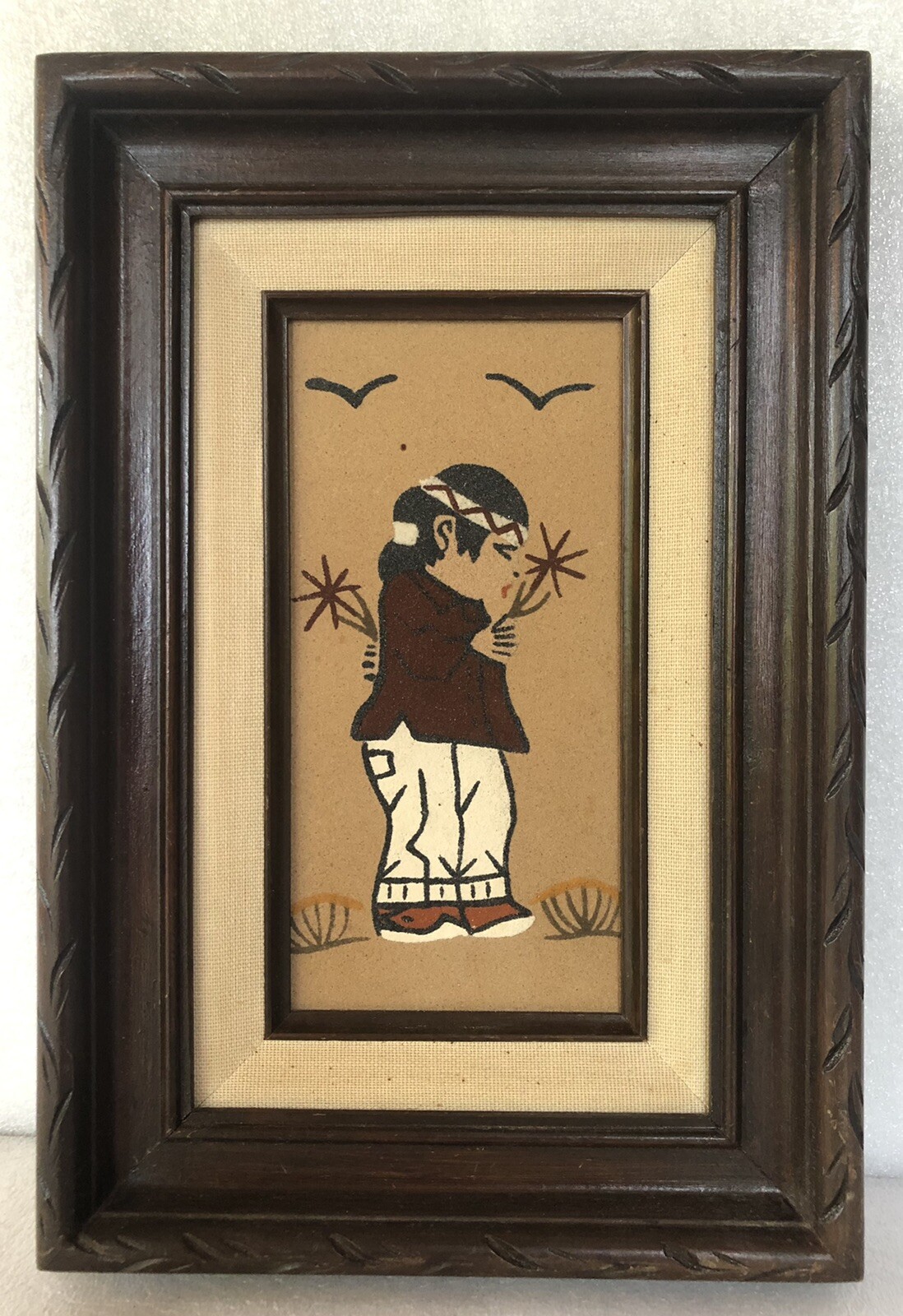 Vtg Navajo Boy Sand Painting Carved Wood Frame 13″ x 9″ Artist Signed