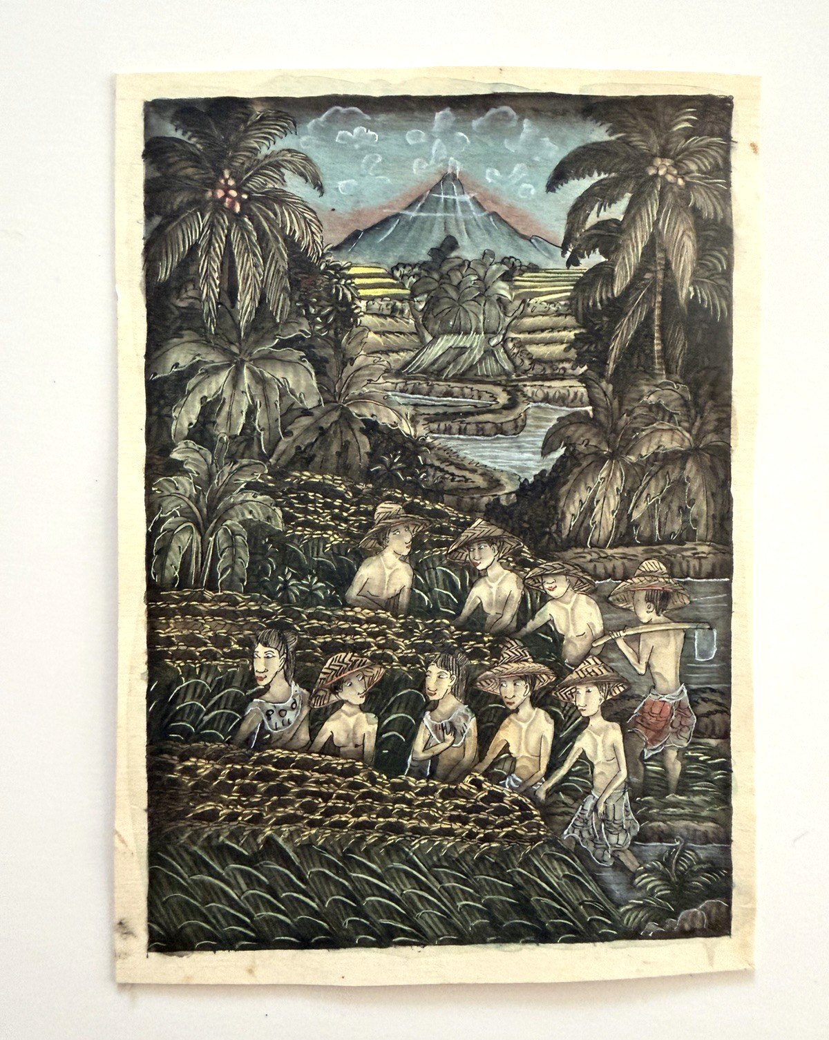 Vintage Balinese Ubud Painting of Rice Harvesting Scene