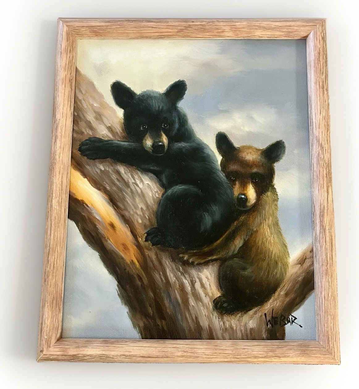 Original VTG Oil Painting Bear Cubs Tree Cute Signed Weber 8×10” Nature Animals