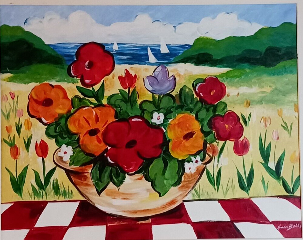 Vtg oil painting coastal folk art sailboats poppies, tulips, cheerful summery