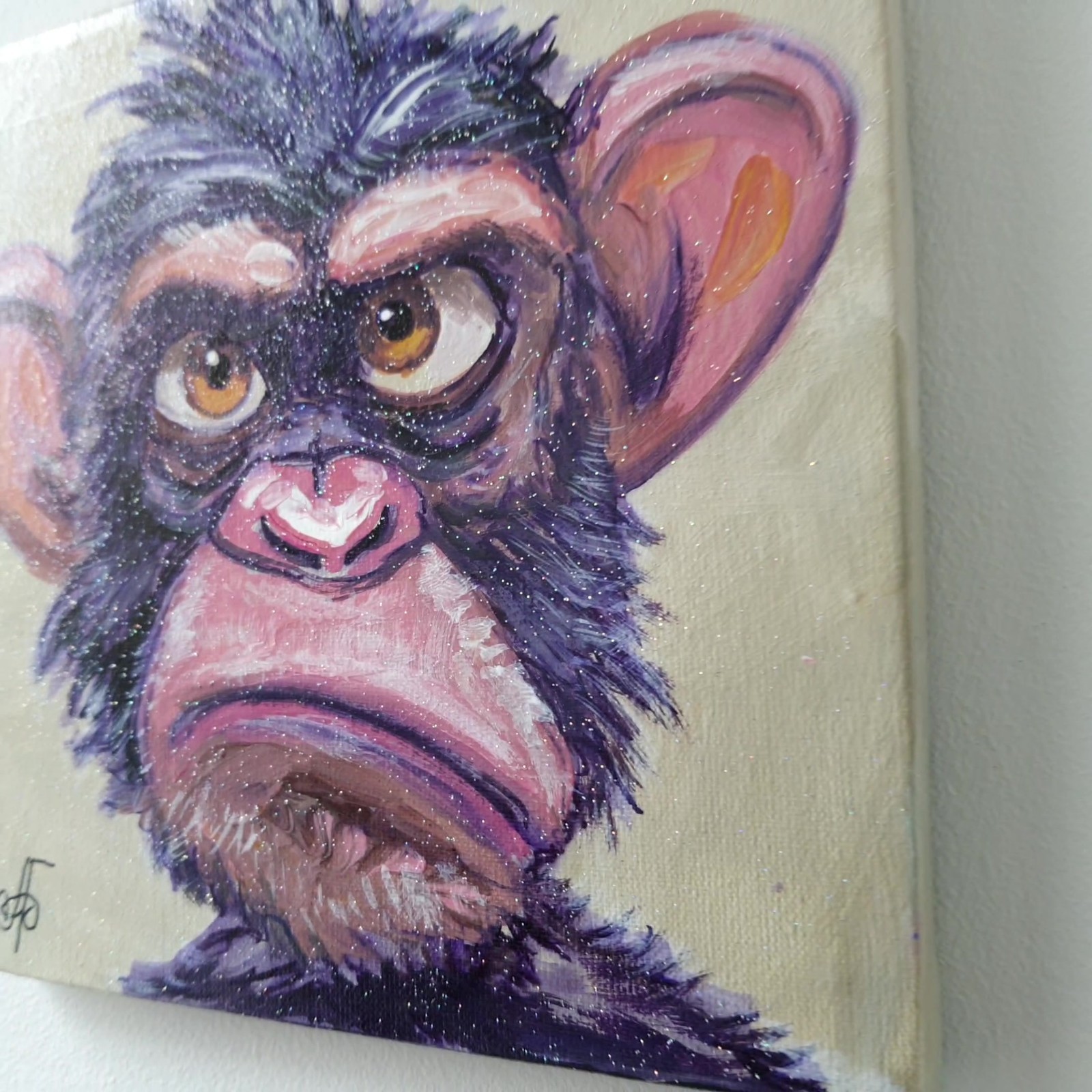 Original Acrylic Painting Funny Grumpy Chimp Monkey Portrait Small Hand Painted