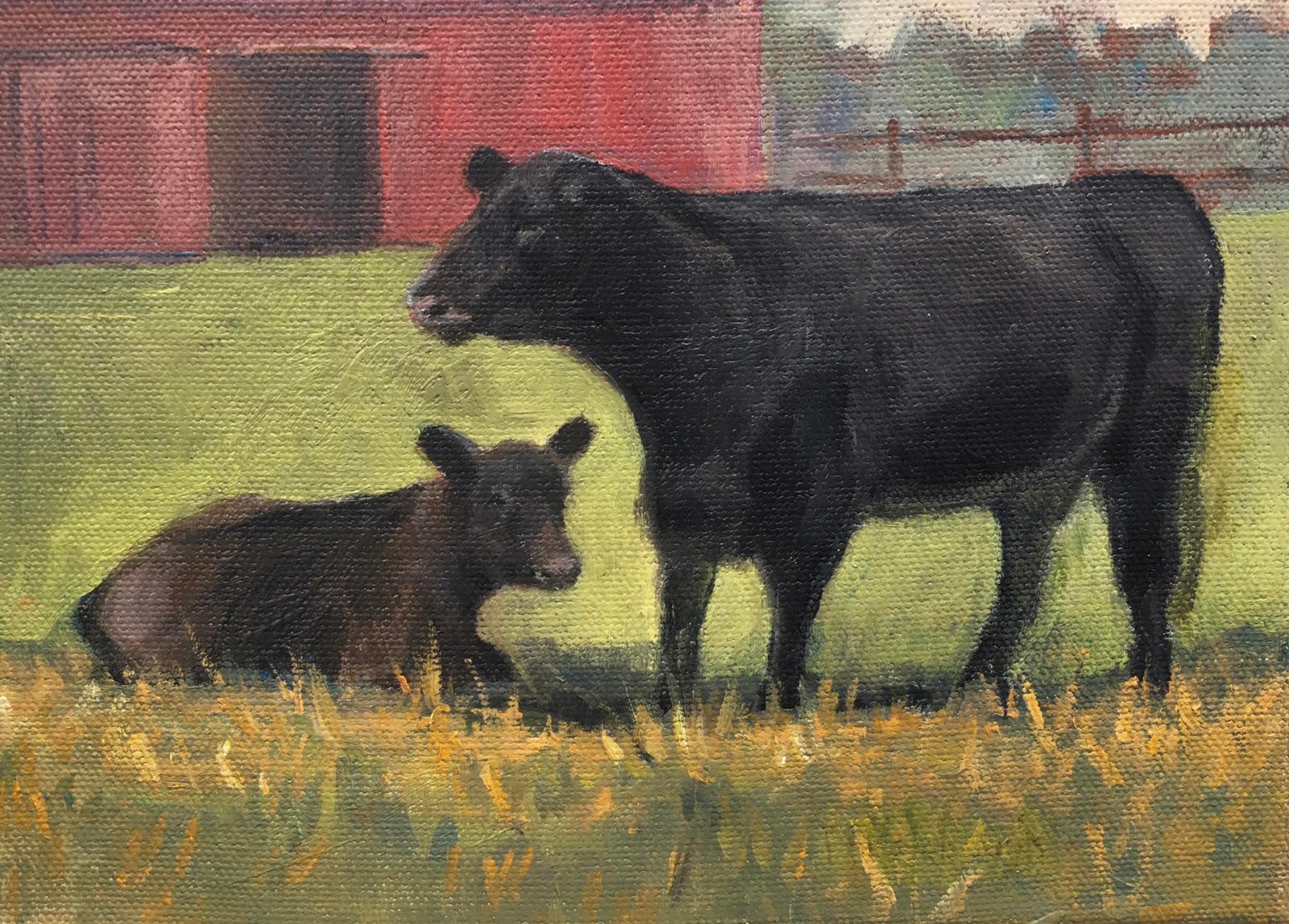 Oil Painting Black Angus Cow with Calf Red Barn Western Cattle Ranch Art