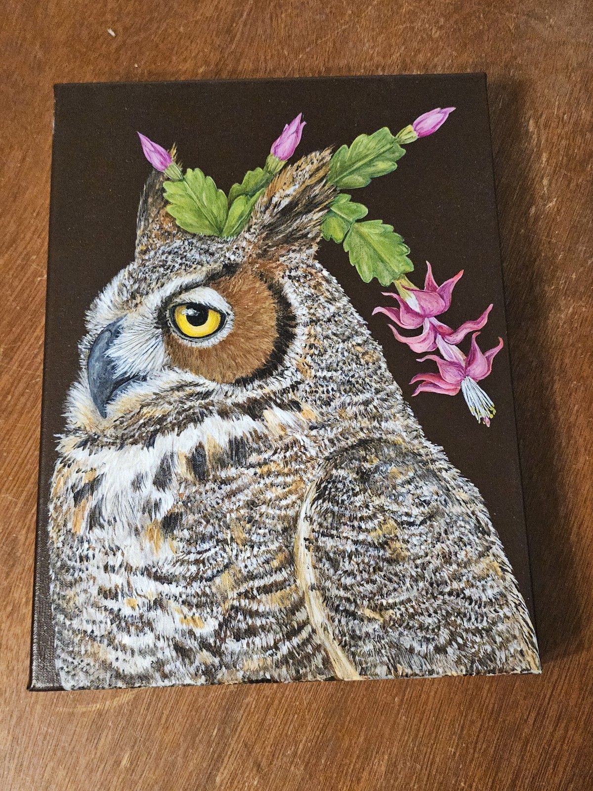 Vicki Sawyer Original Oil Painting Noel Great Horned Owl Cactus Bird Signed 12×9