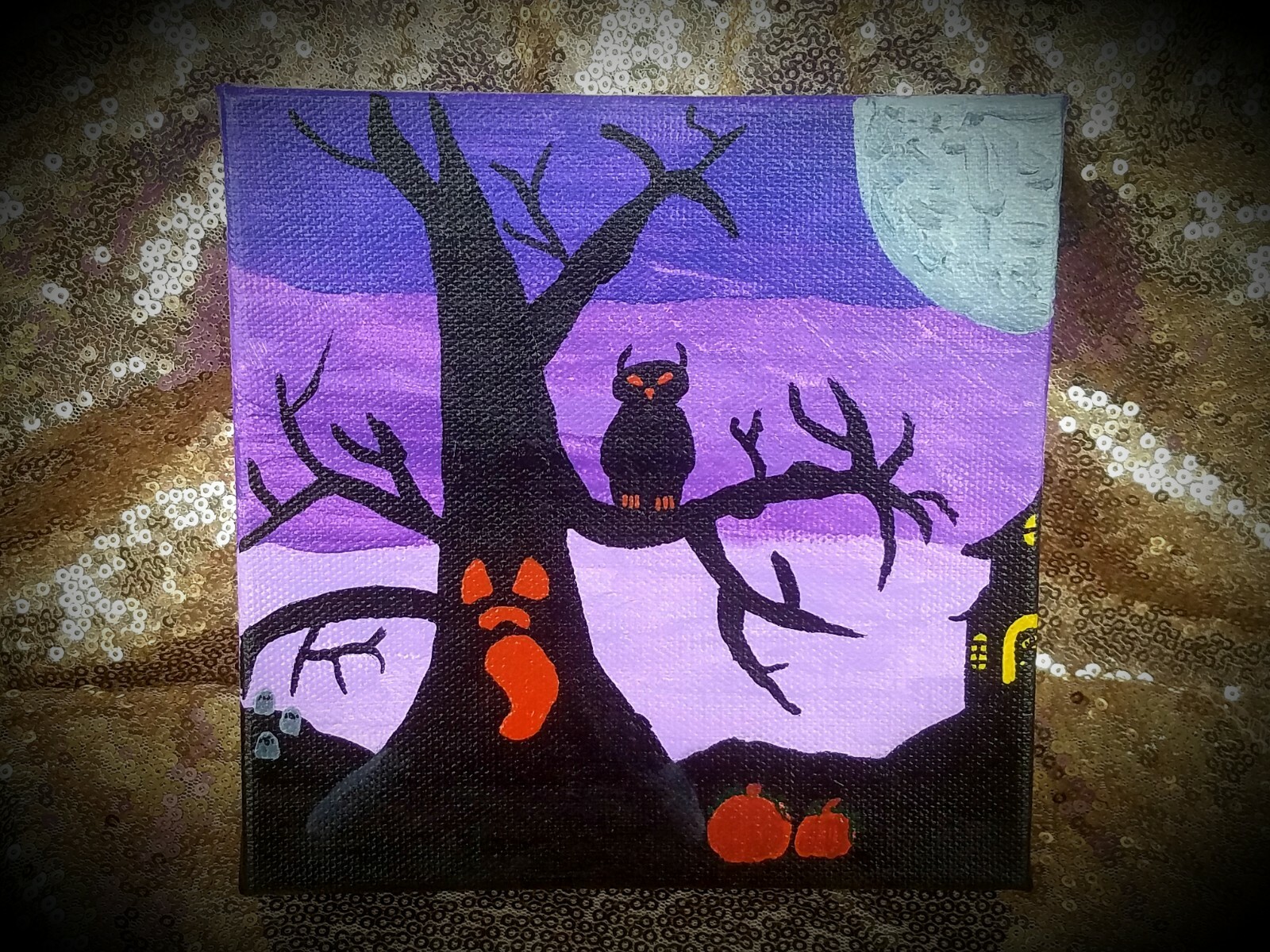 Small Original Halloween canvas painting of spooky tree and owl. Halloween decor
