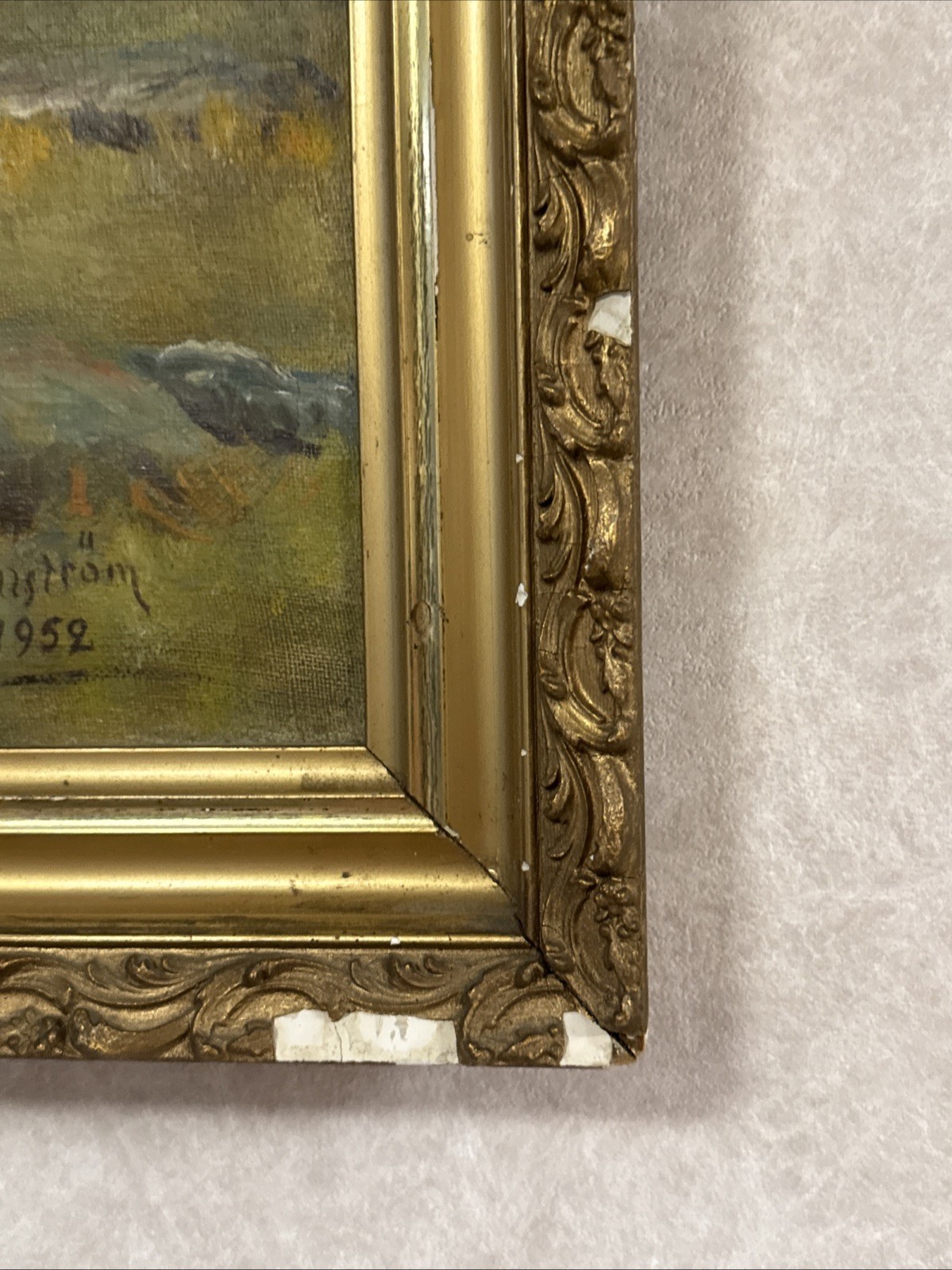 Vintage Swedish Landscape Oil Painting by E. Hallstrom on Canvas 1952