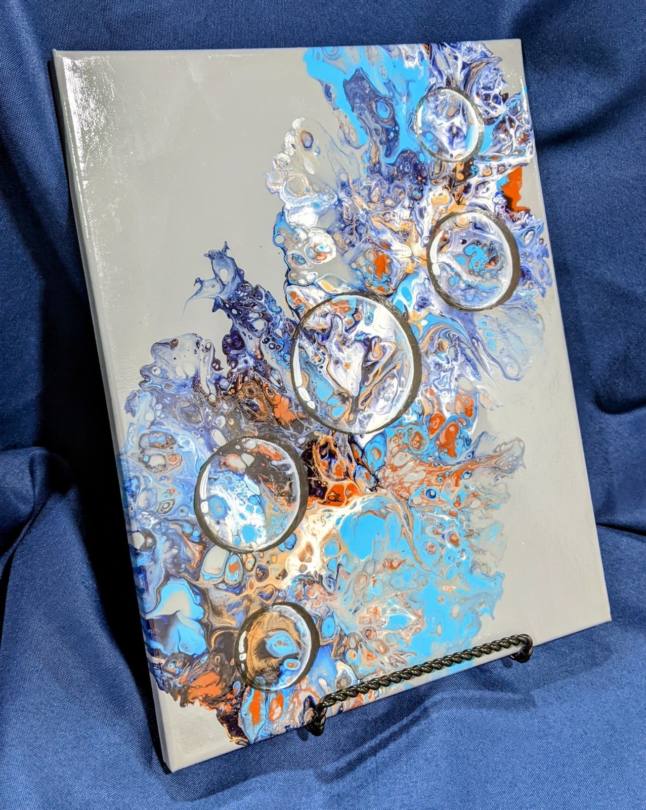 Bubbles on Turquoise and Grey acrylic pour, gold highlights 11″ h x 14″w x .5″d