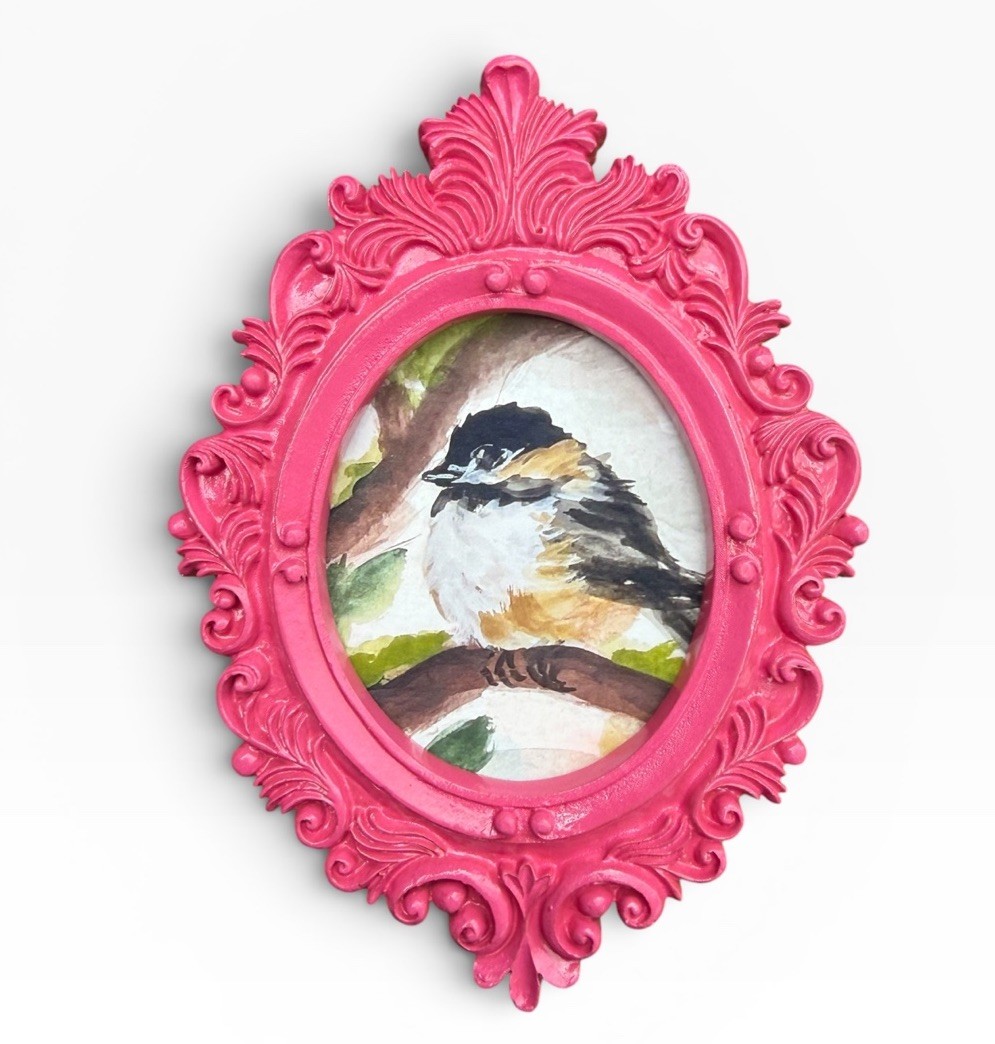 Chickadee mini watercolor bird print of original painting • vintage ornate frame