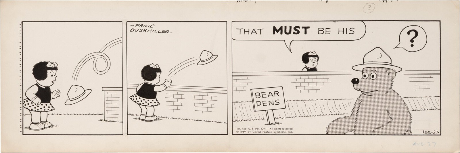 Ernie Bushmiller ORIGINAL ARTWORK FOR NANCY COMIC STRIP AUGUST 27 1969 #167692