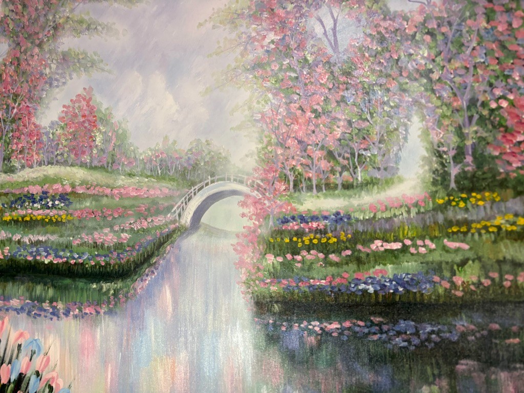 Impressionist Garden Landscape Acrylic Painting Framed Floral Park Scene XL 60″