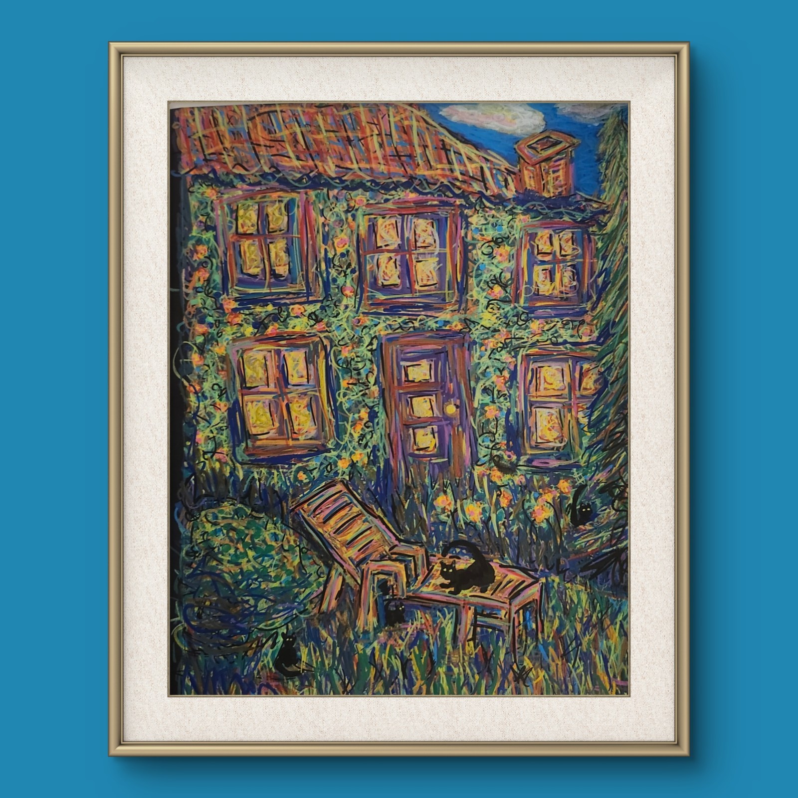 Black Cats In The Garden Impressionist Framed Whimsical 11×14 Acrylic On Paper