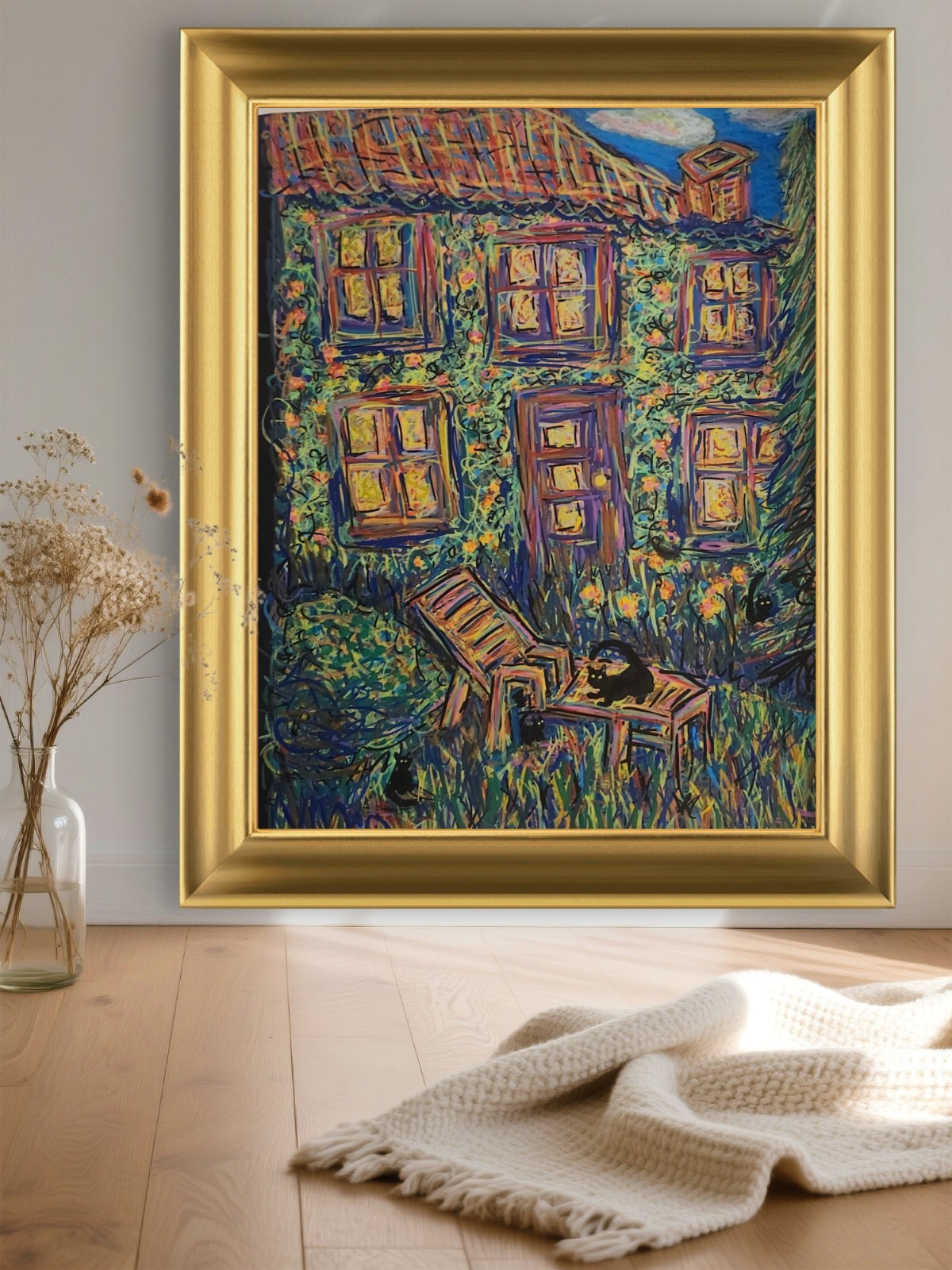Black Cats In The Garden Impressionist Framed Whimsical 11×14 Acrylic On Paper