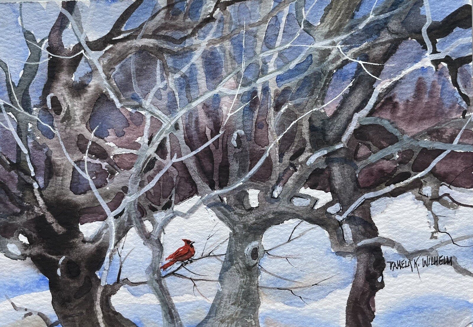 5”x7” Original Watercolor Pamela Wilhelm winter gnarled trees red Cardinal