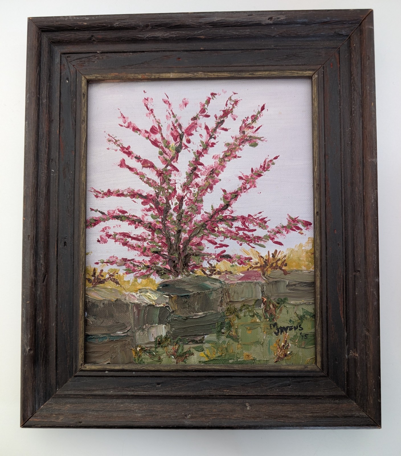 Impasto tree oil painting landscape pink blossoms stone wall 70s art signed