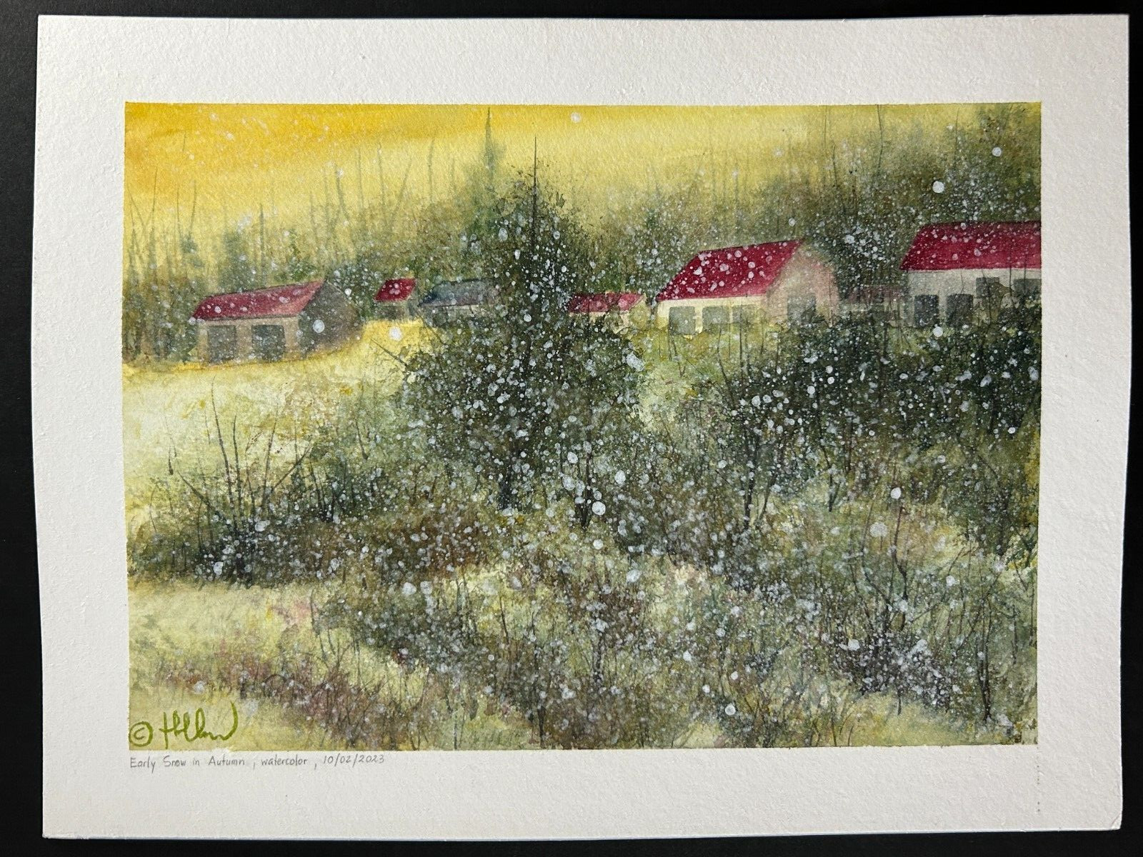 Thuthuy Tran Landscape Watercolor Painting «Early Snow in Autumn,» 2023 9×12 COA