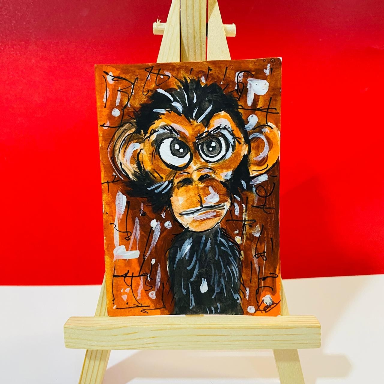 ACEO Whimsical Monkey Portrait Wide-Eyed Funny Animal Acrylic Painting Art Card