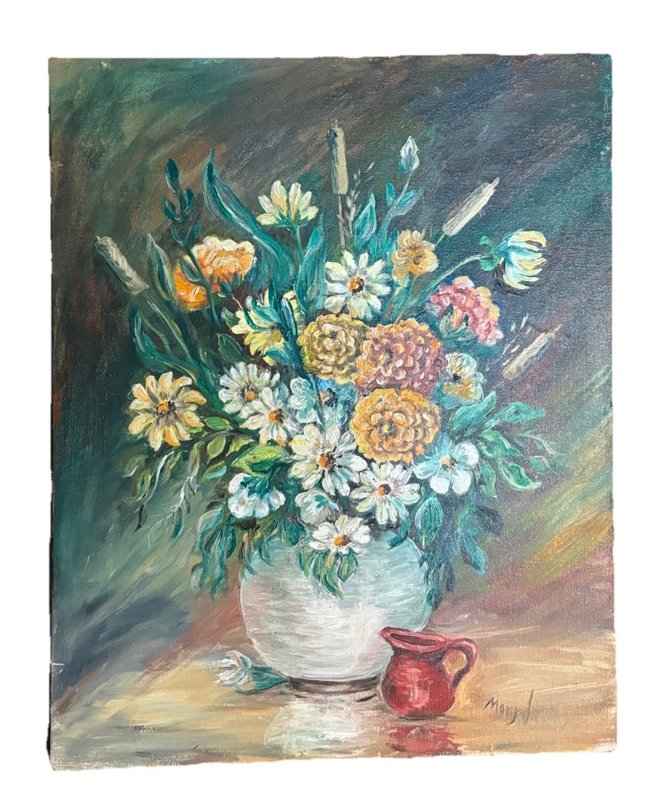 Vintage Signed Oil Painting 16” X 20” Still Life Flowers No Frame