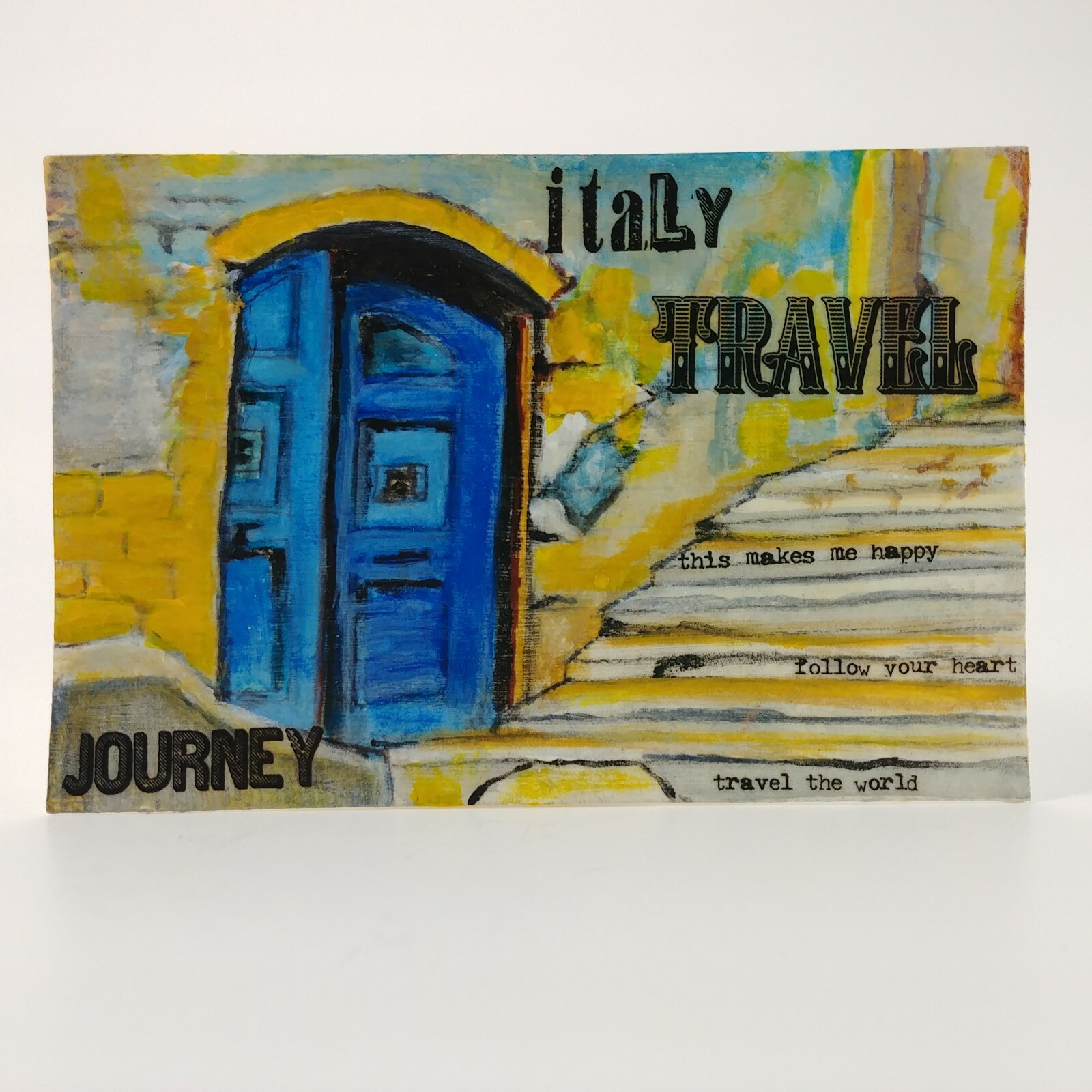 Mixed Media Painting on Paper «THE BLUE DOOR» Italy Realism by Allison Reece