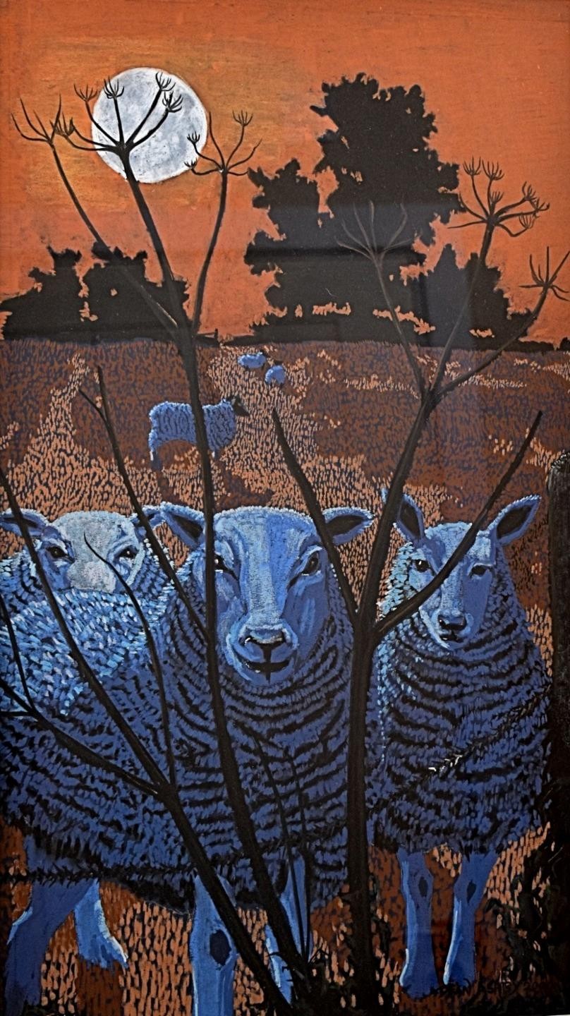 SHEEP IN A FIELD AT NIGHT PASTEL 2000 PHILIP DEAN ASHBY BITISH SCHOOL