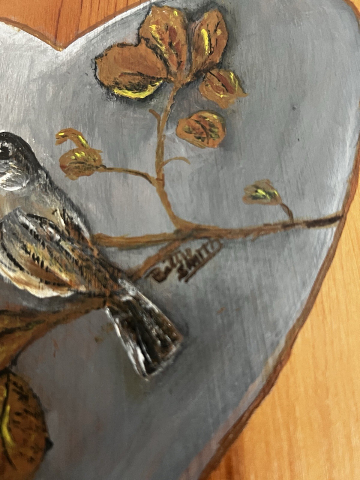 Original Oil Painting On Wood Bird Sitting On Branch Signed Betty Smith Heart