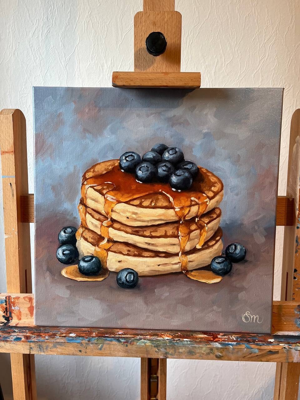 Pancakes still life original oil painting 16×16 in (40×40 cm) Realistic food art