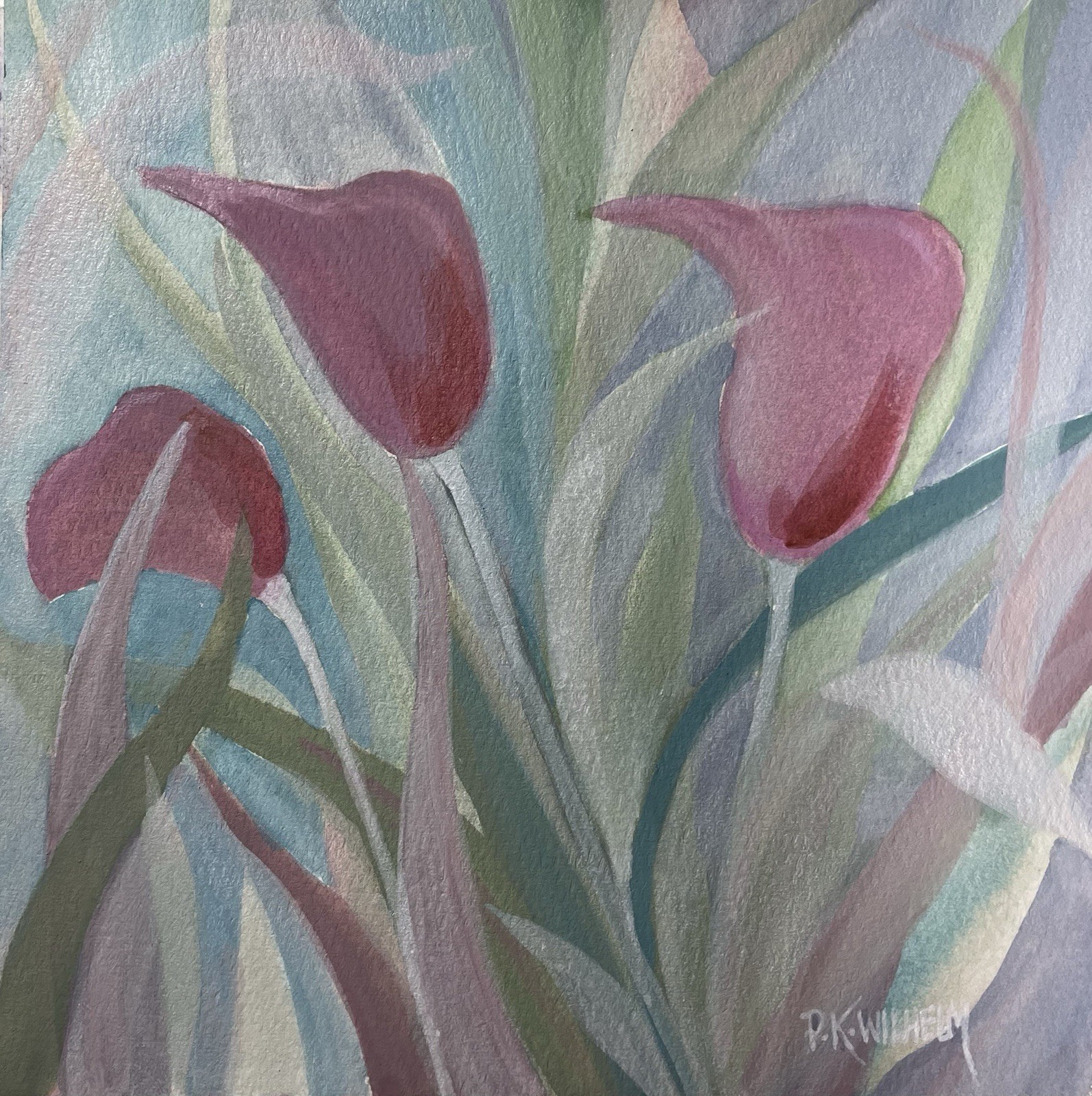 Original Glazed OOAK Watercolor 7”X7” Pink Calla Lilies Pamela Wilhelm