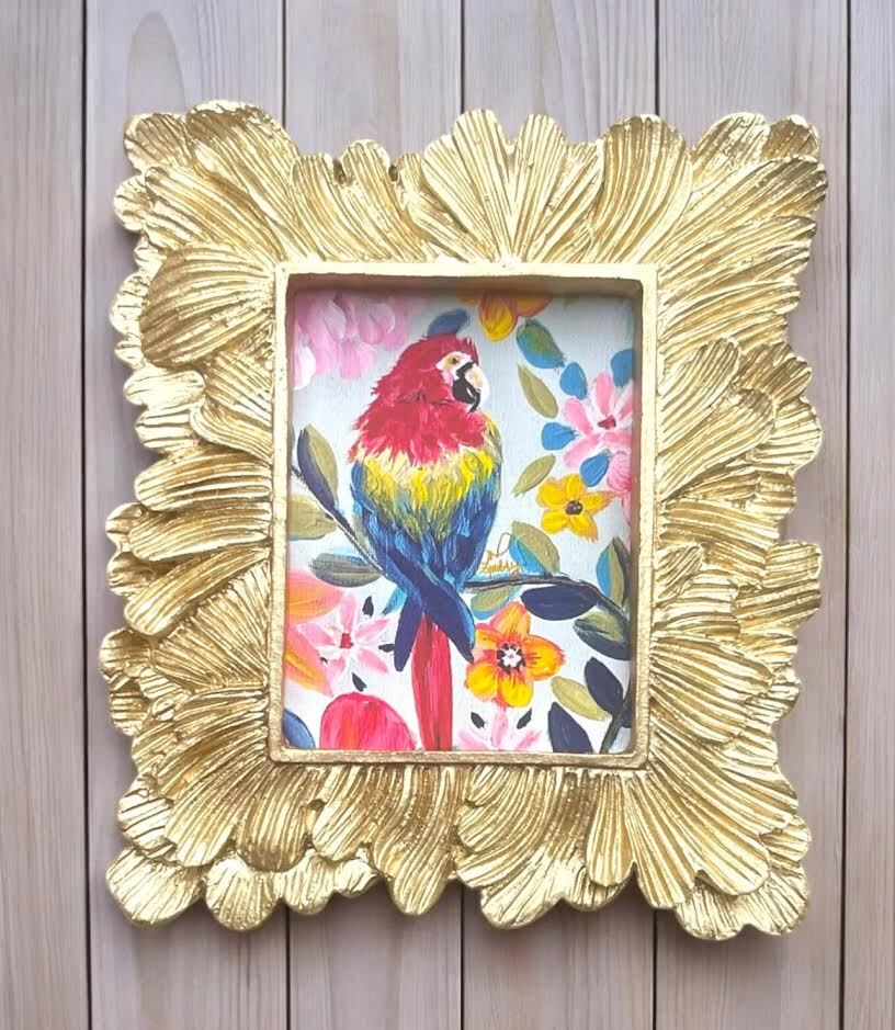 mini paintings & prints in vintage style ornate frame, mini art, birds & animals