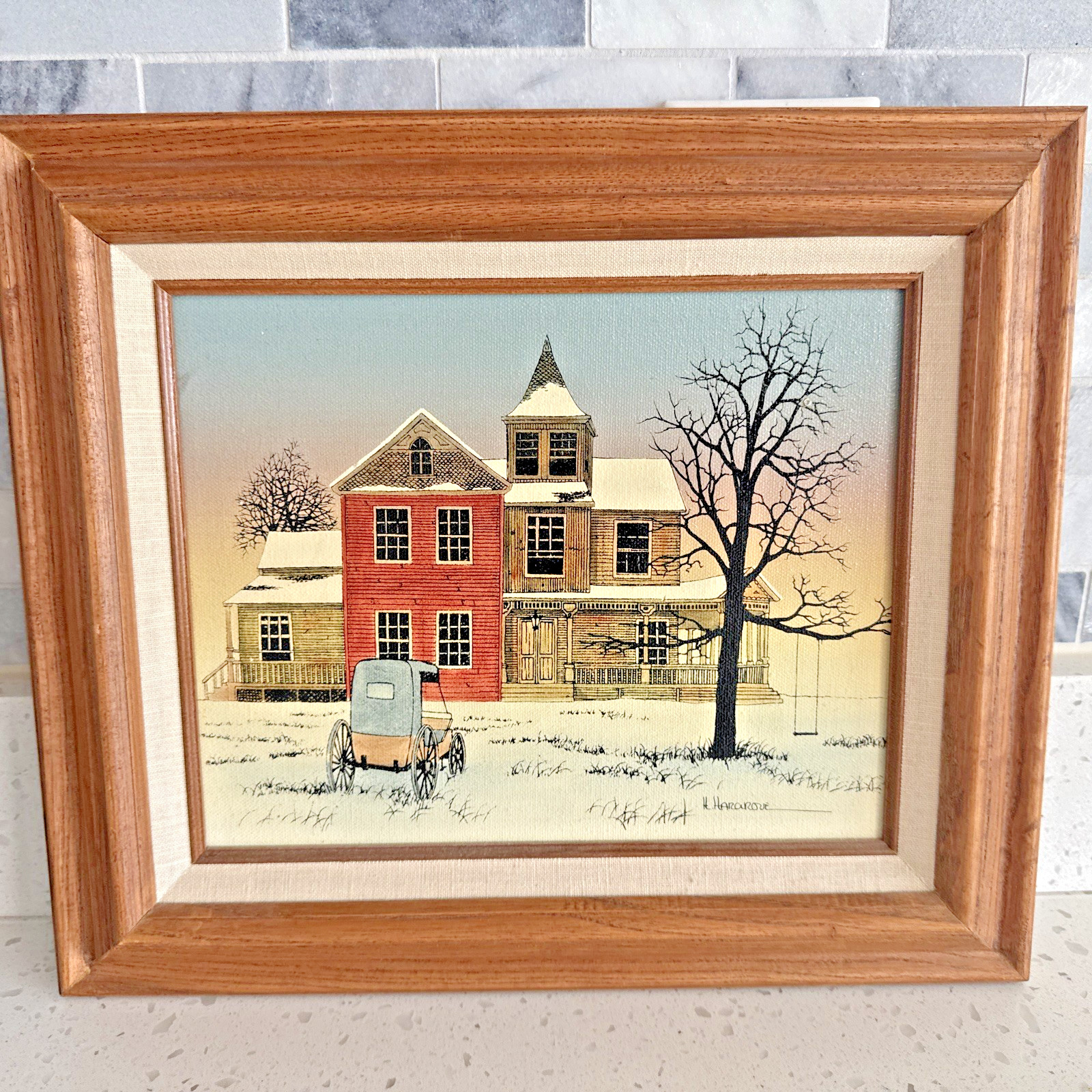 H. Hargrove painting picture framed Victorian house antique car winter scene