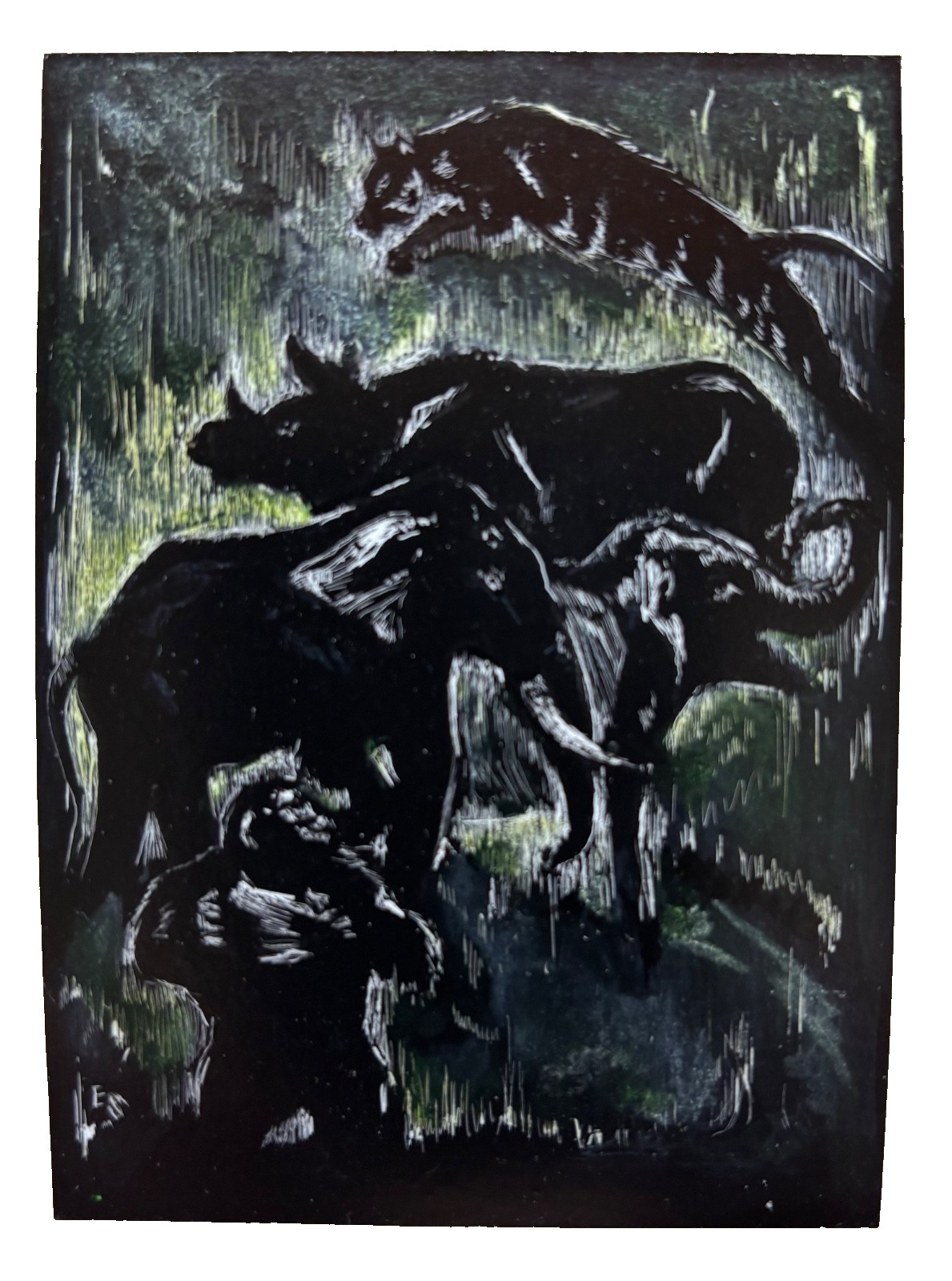 ACEO Original Scratchboard Art Card Painting Jungle Animals by E Solle NFAC