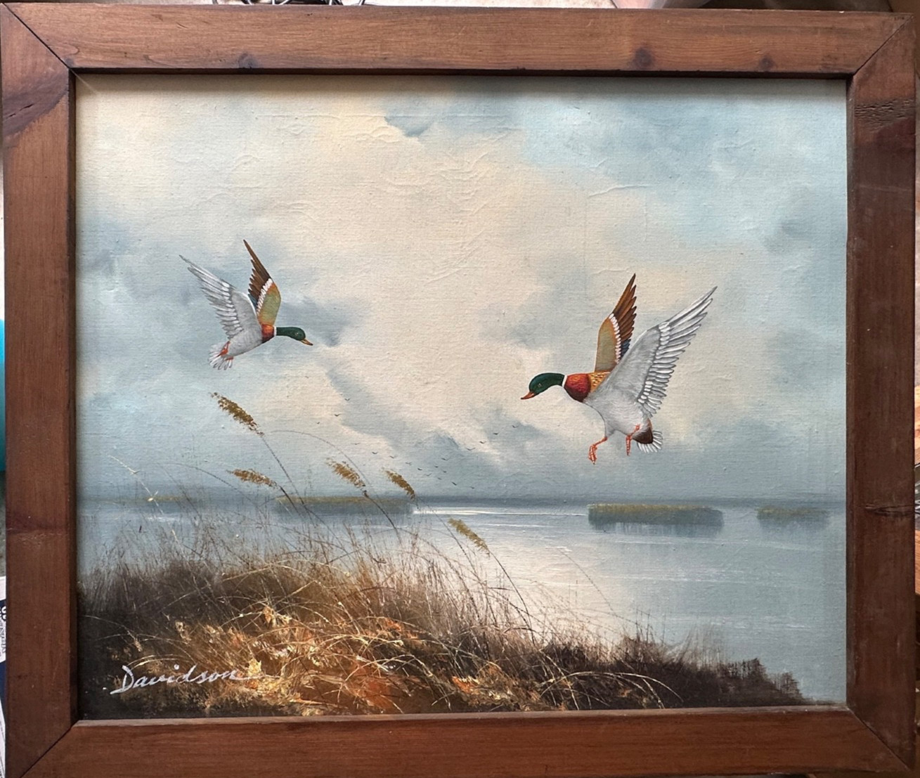 Original Oil Painting of Ducks Flying on Canvas Framed 27″ x 23″ by Davidson